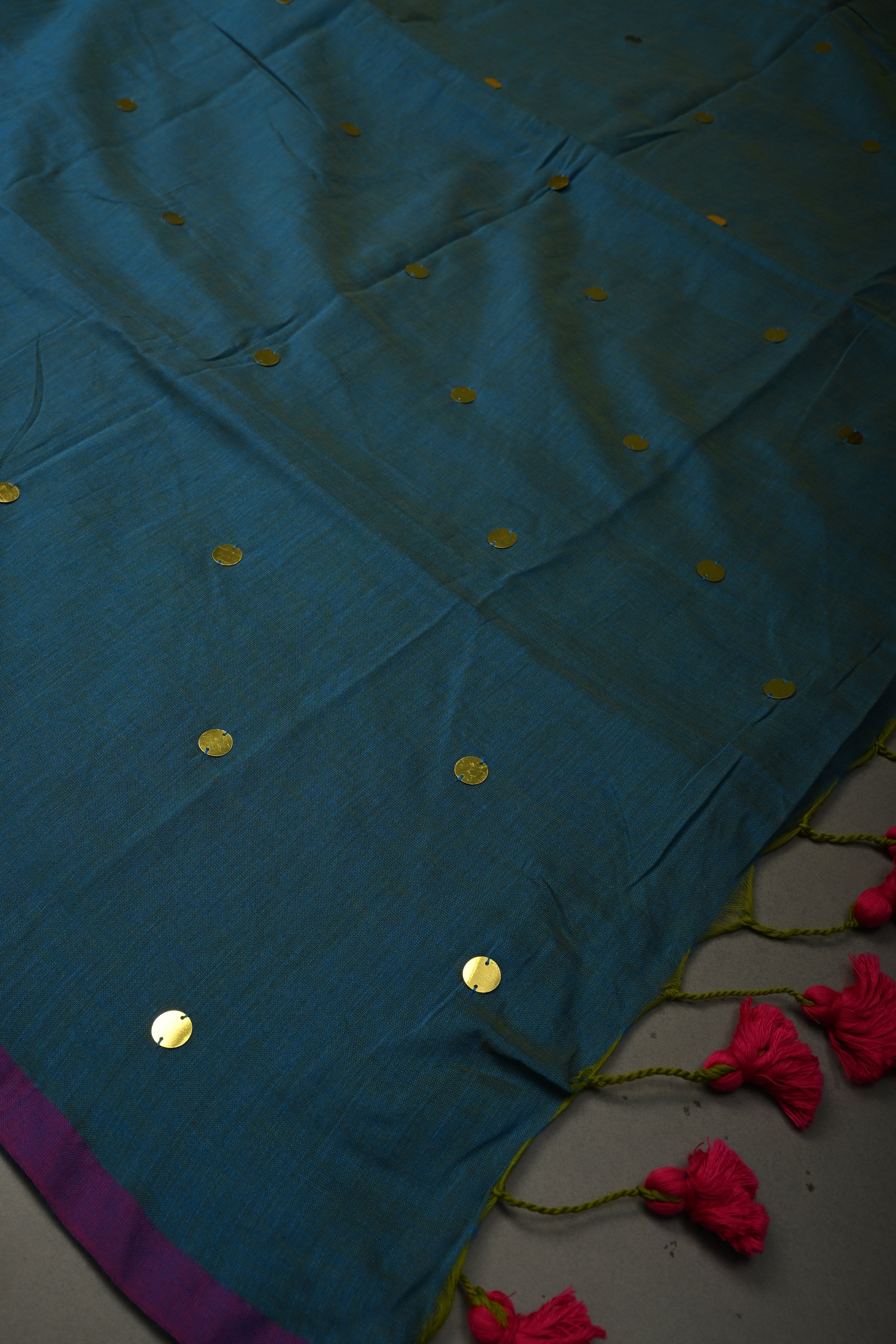 Peacock Blue Dual Tone Mercerized Mul Cotton Saree with Tikki Work and Long Tassels, No Blouse Piece | Shobitam