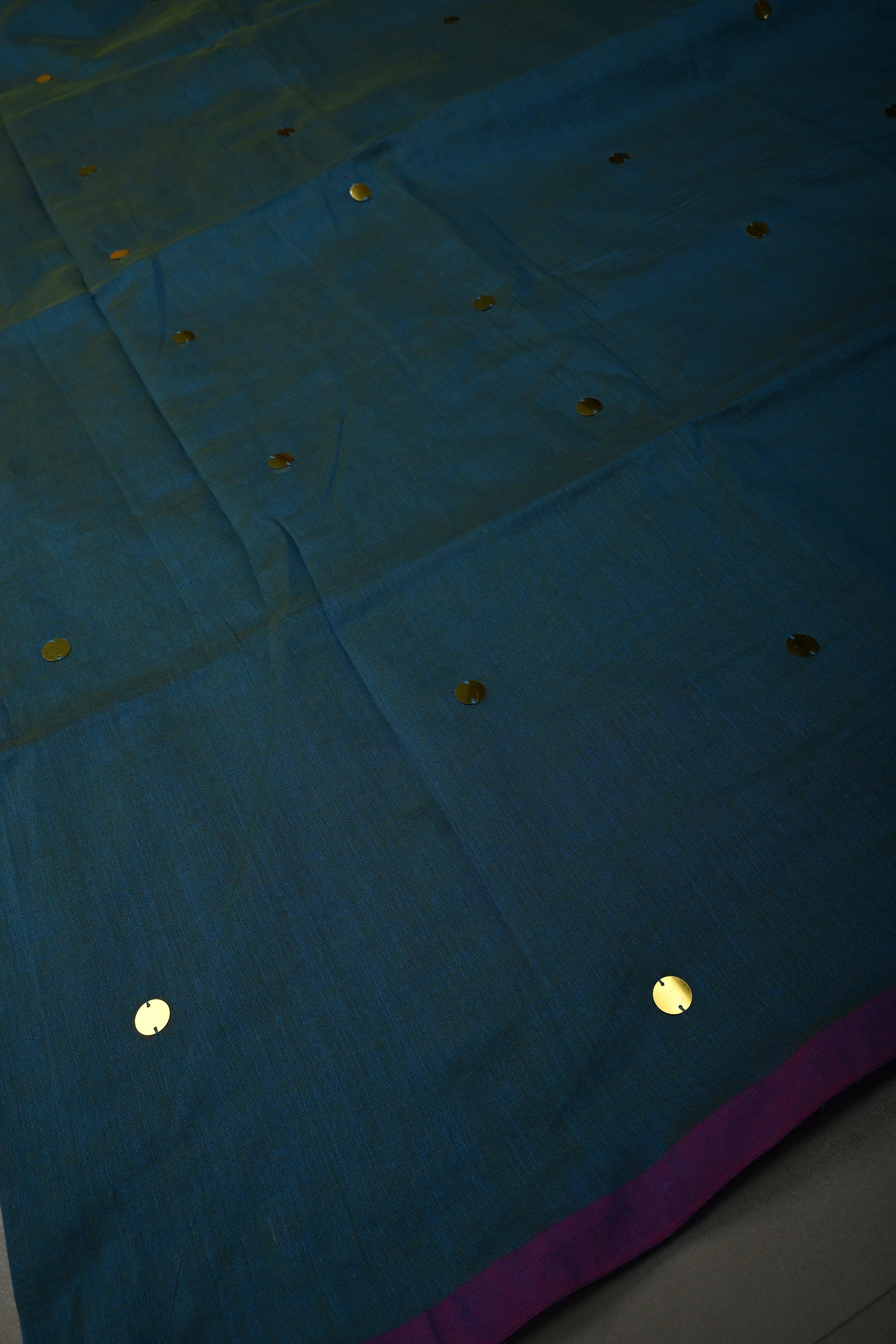 Peacock Blue Dual Tone Mercerized Mul Cotton Saree with Tikki Work and Long Tassels, No Blouse Piece | Shobitam
