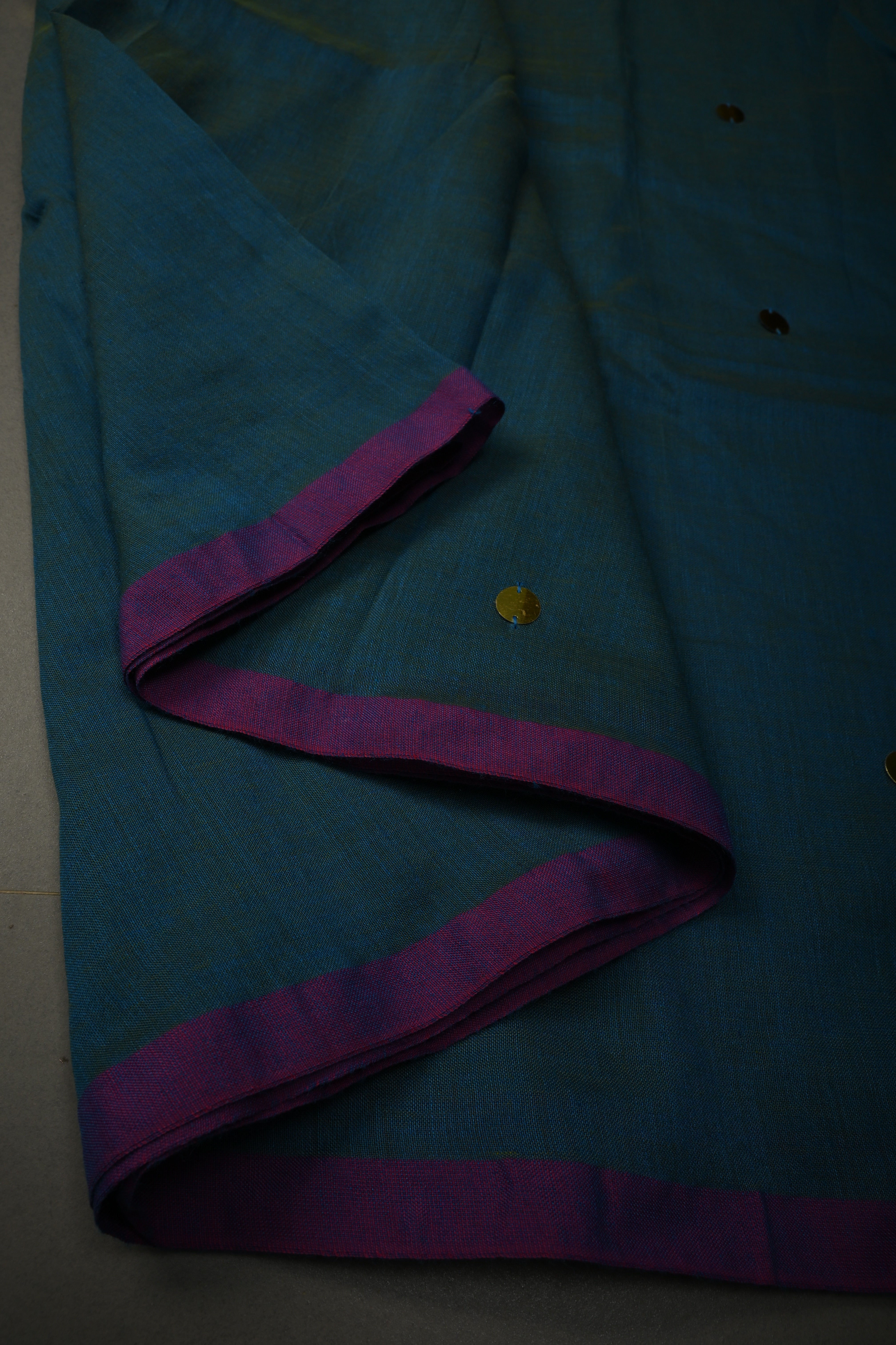 Peacock Blue Dual Tone Mercerized Mul Cotton Saree with Tikki Work and Long Tassels, No Blouse Piece | Shobitam