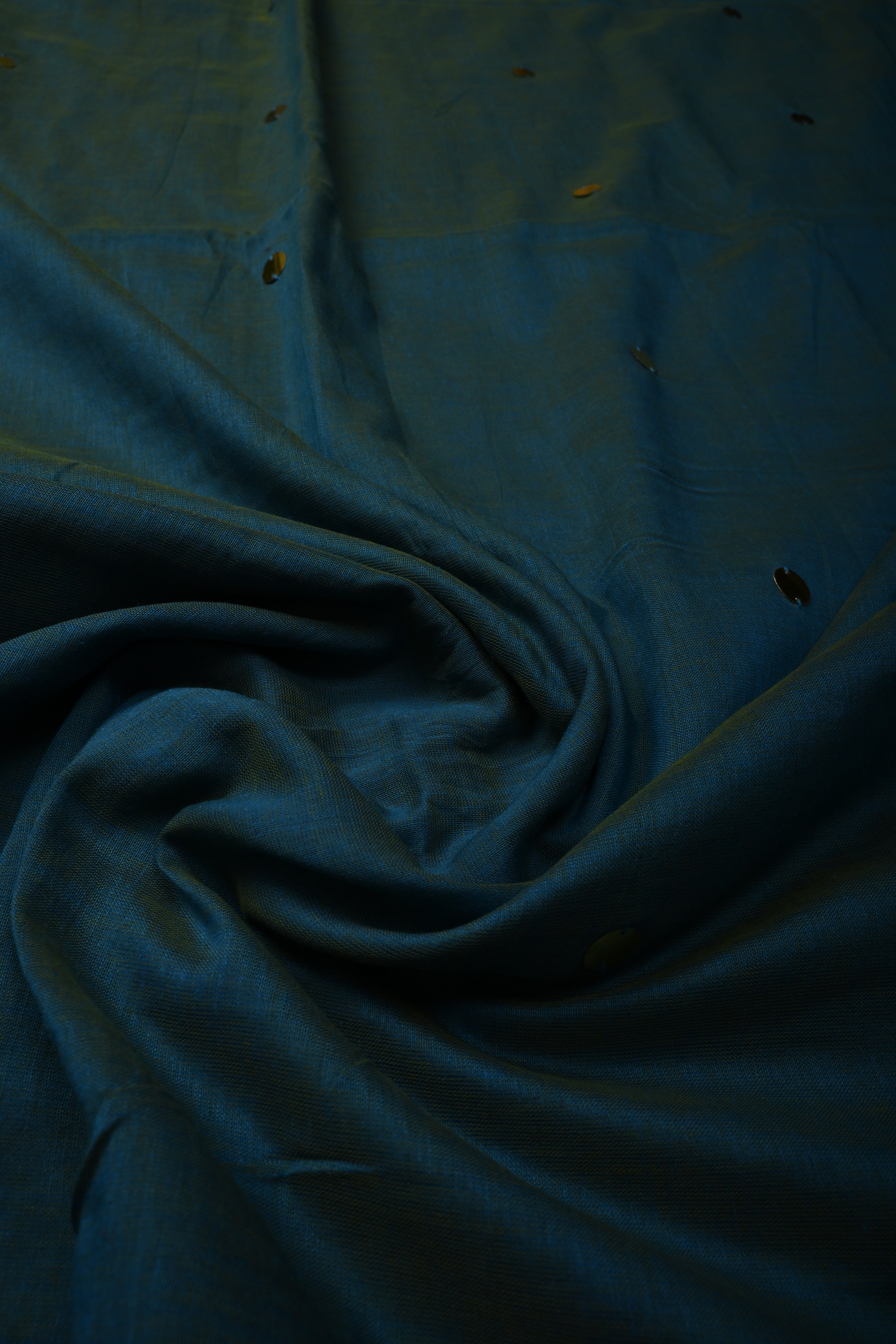 Peacock Blue Dual Tone Mercerized Mul Cotton Saree with Tikki Work and Long Tassels, No Blouse Piece | Shobitam