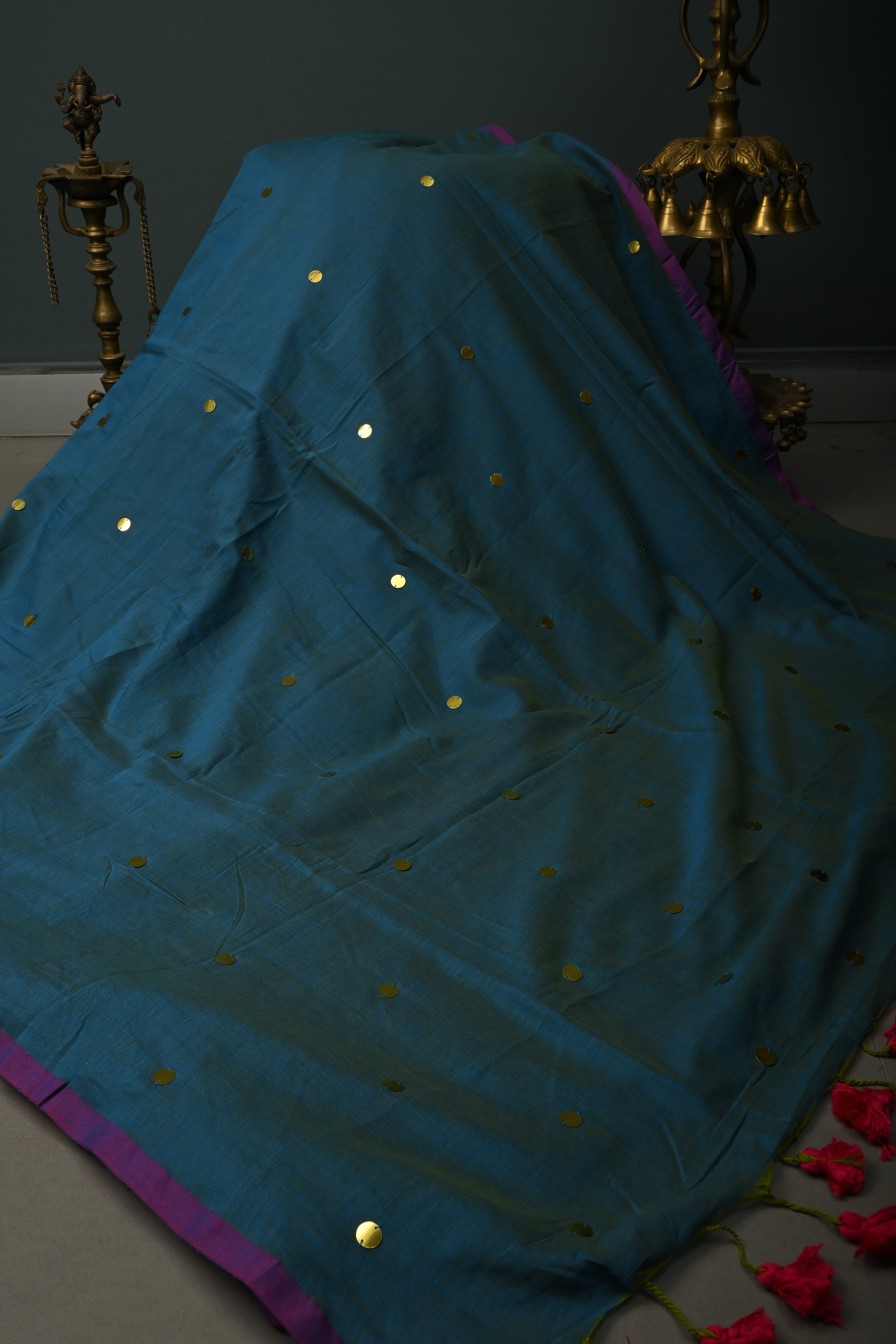 Peacock Blue Dual Tone Mercerized Mul Cotton Saree with Tikki Work and Long Tassels, No Blouse Piece | Shobitam