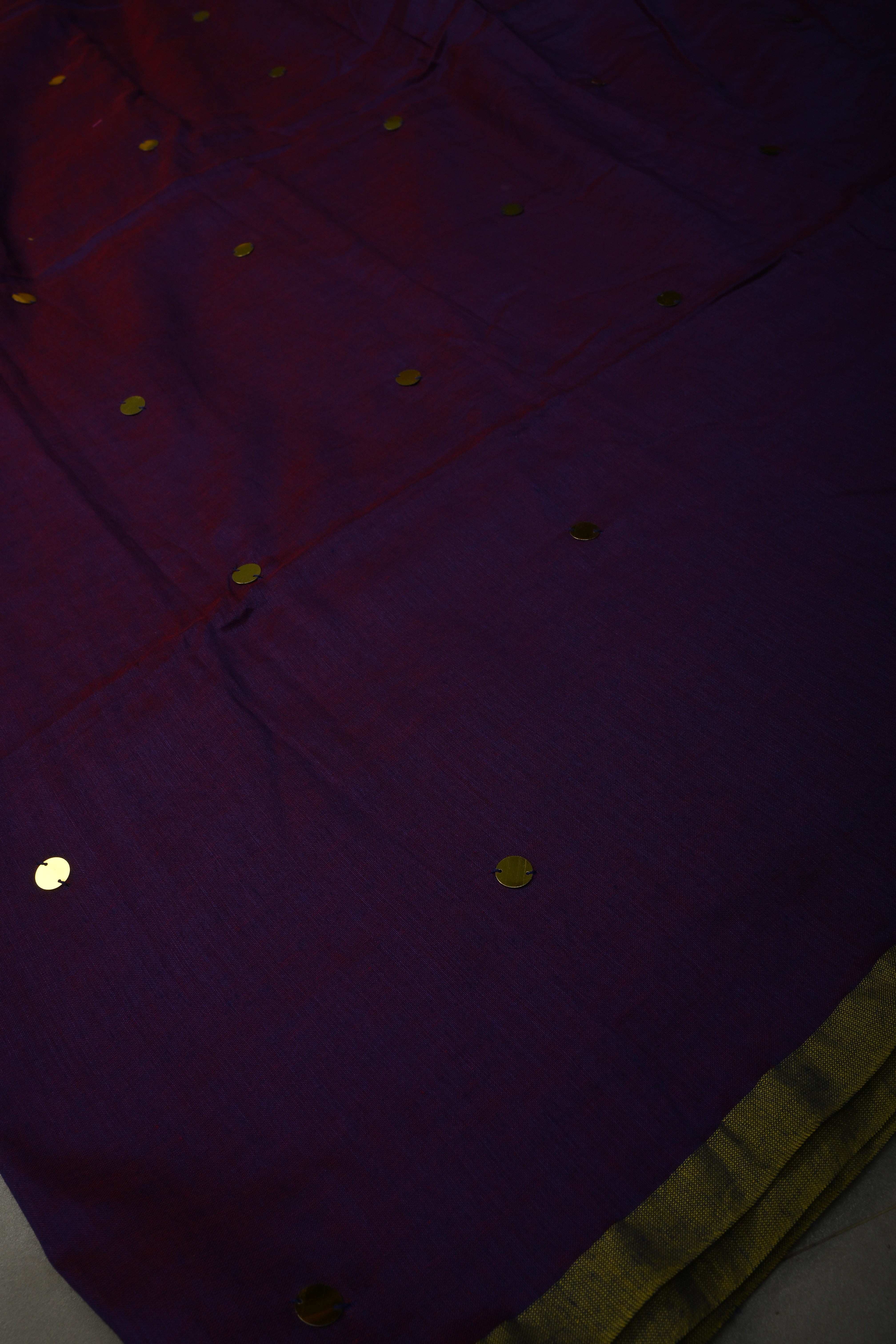 Purple-Red Mercerized Mul Cotton Saree with Tikki Work and Long Tassels, No Blouse Piece