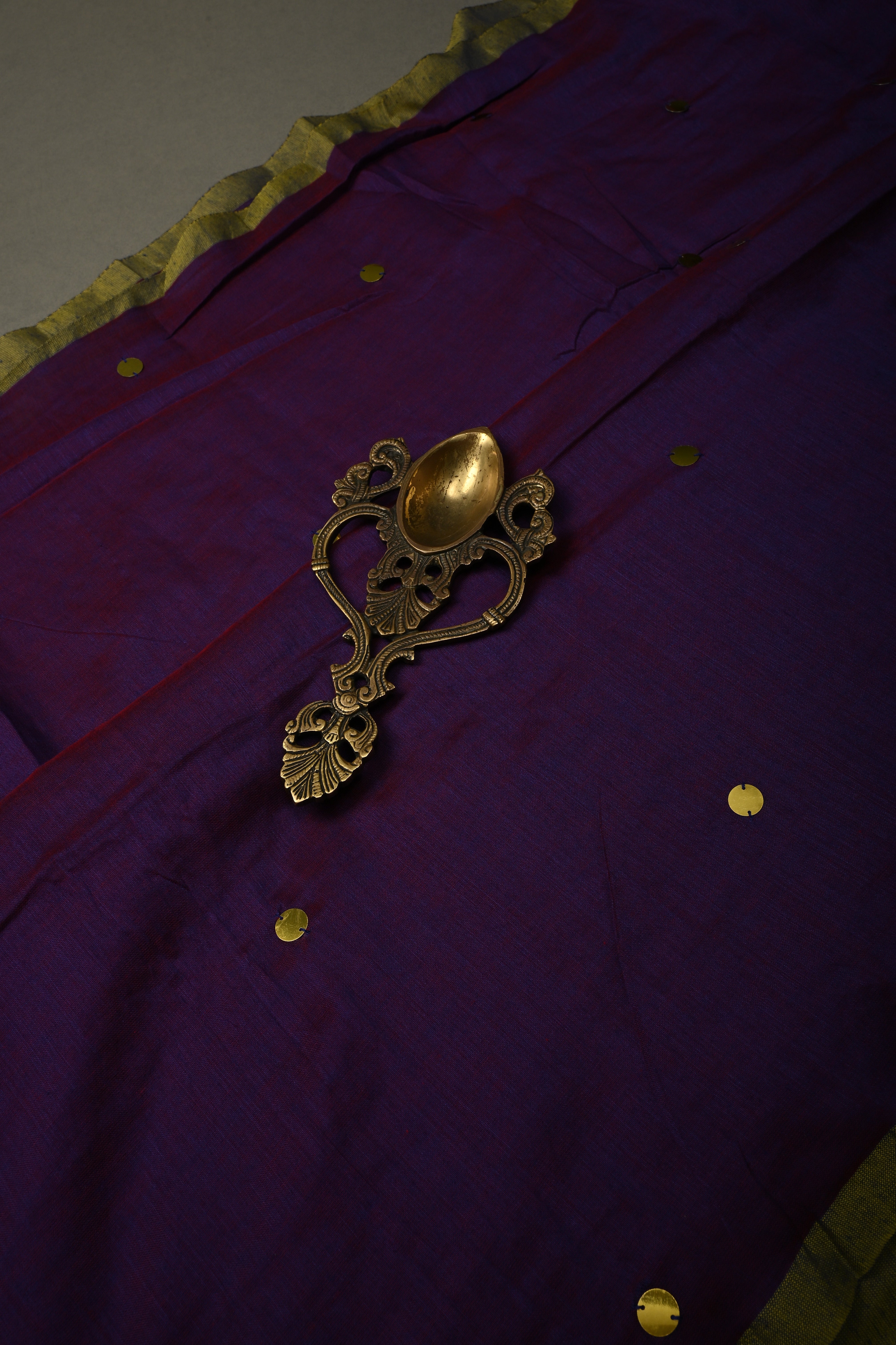 Purple-Red Mercerized Mul Cotton Saree with Tikki Work and Long Tassels, No Blouse Piece