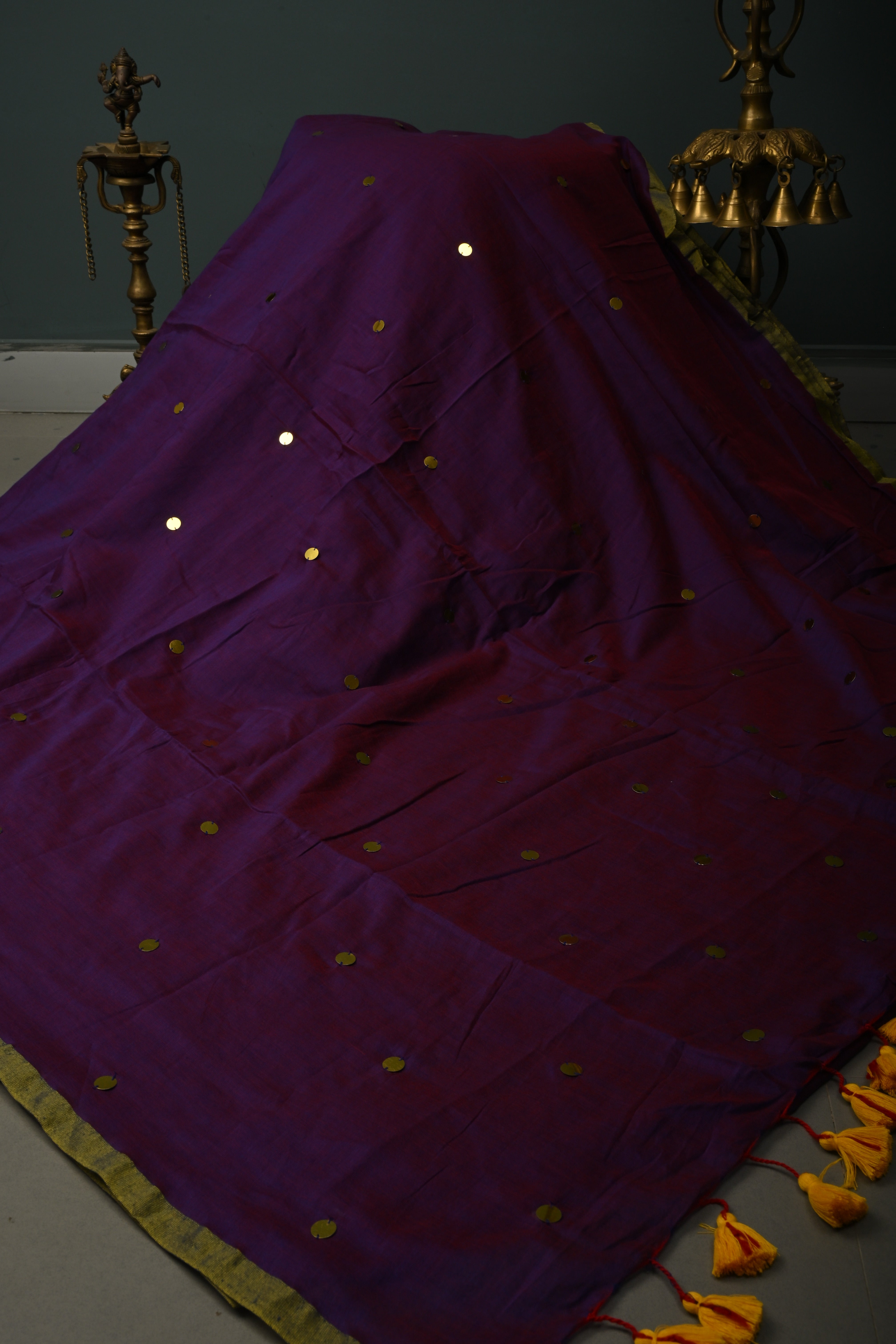 Purple-Red Mercerized Mul Cotton Saree with Tikki Work and Long Tassels, No Blouse Piece
