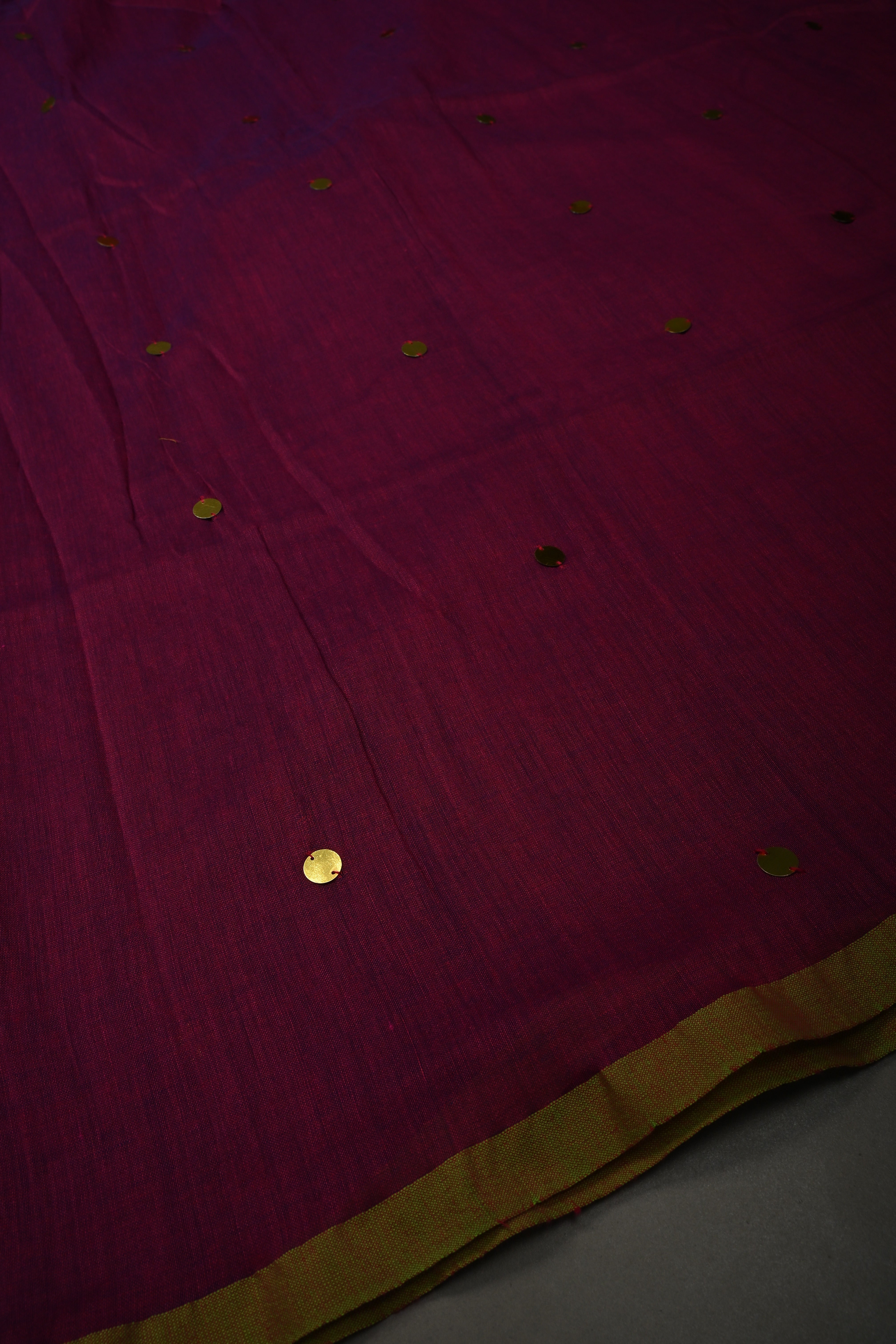 Magenta Mercerized Mul Cotton Saree with Tikki Work and Long Tassels, No Blouse Piece | Shobitam