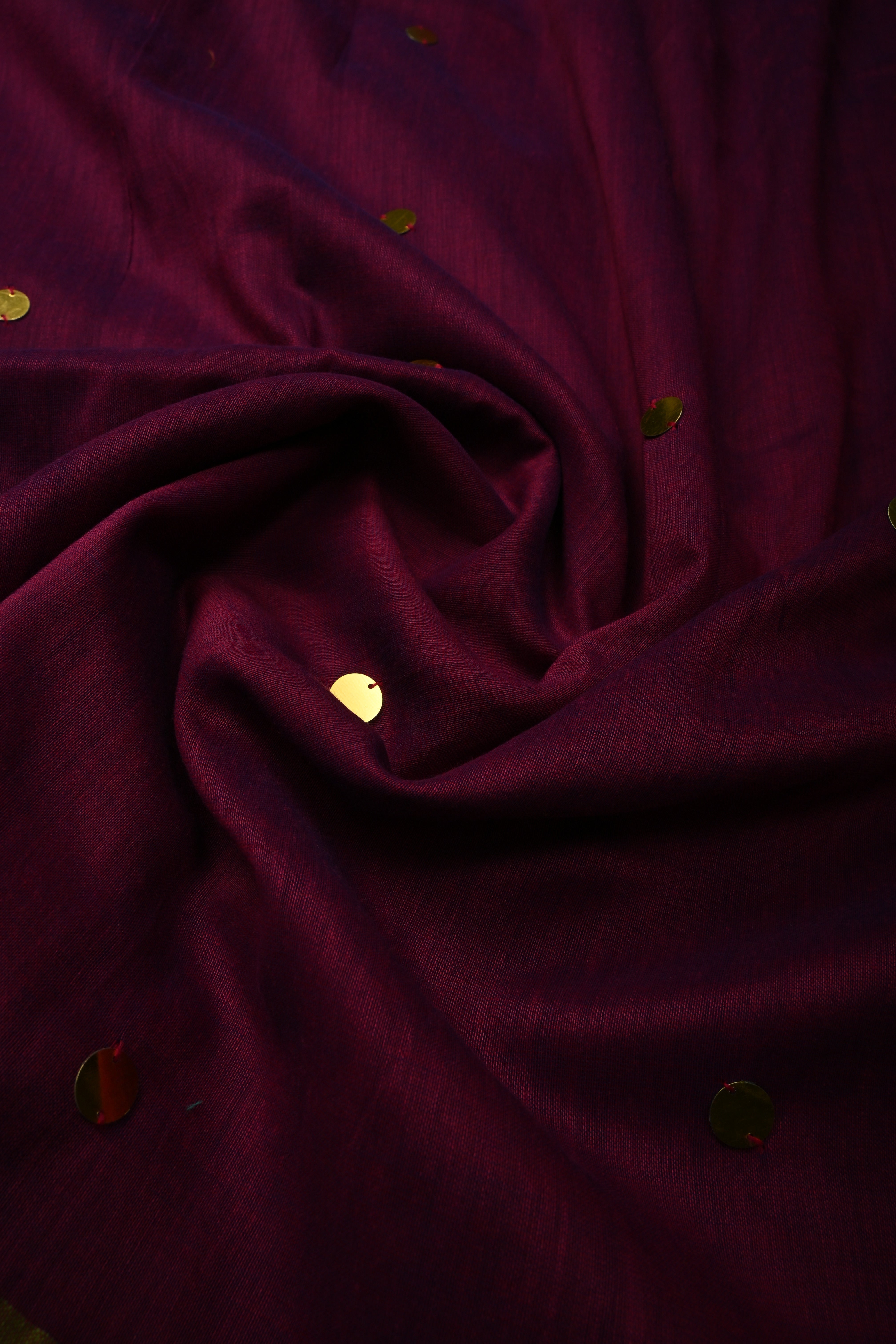 Magenta Mercerized Mul Cotton Saree with Tikki Work and Long Tassels, No Blouse Piece | Shobitam