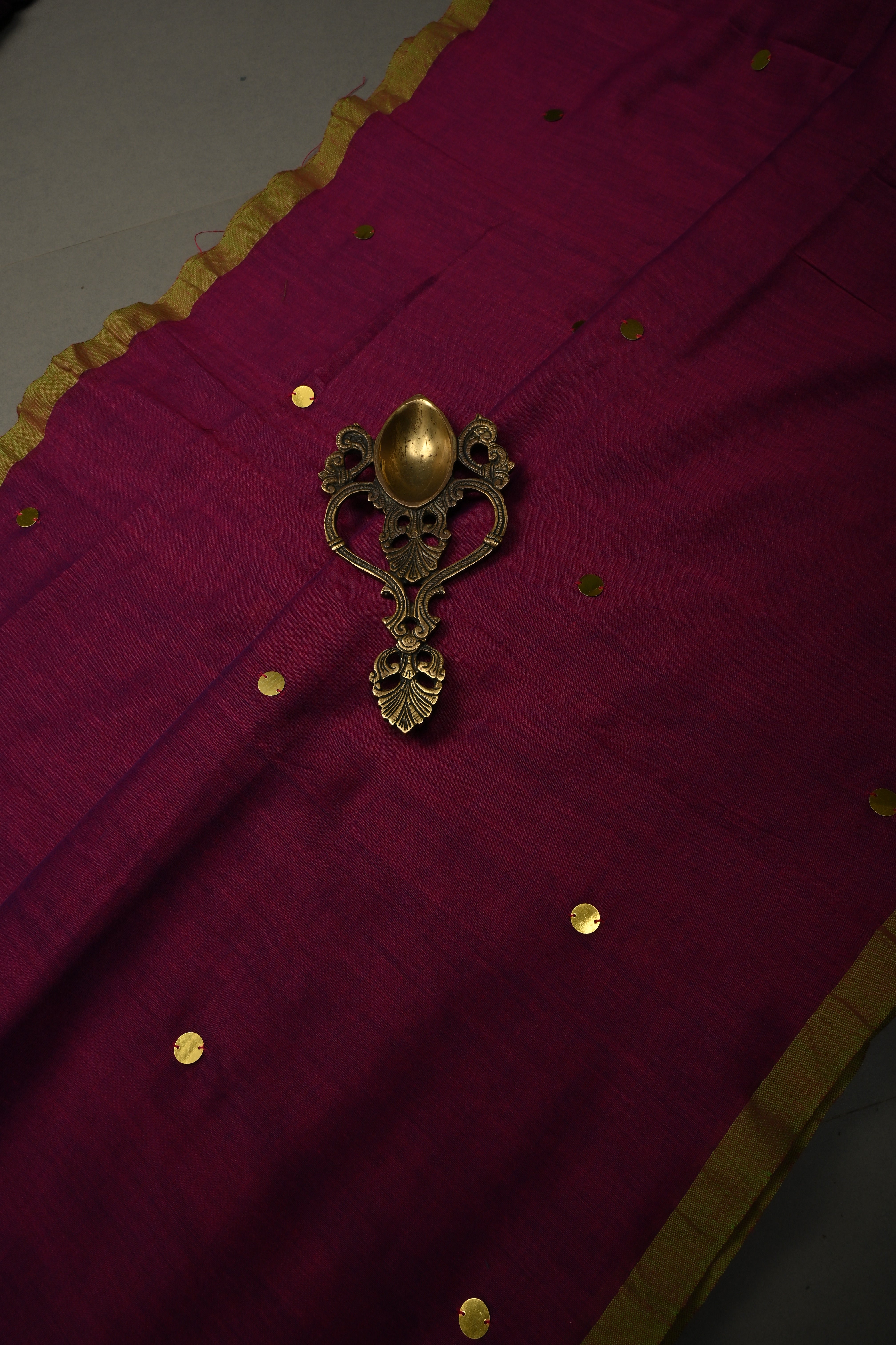 Magenta Mercerized Mul Cotton Saree with Tikki Work and Long Tassels, No Blouse Piece | Shobitam