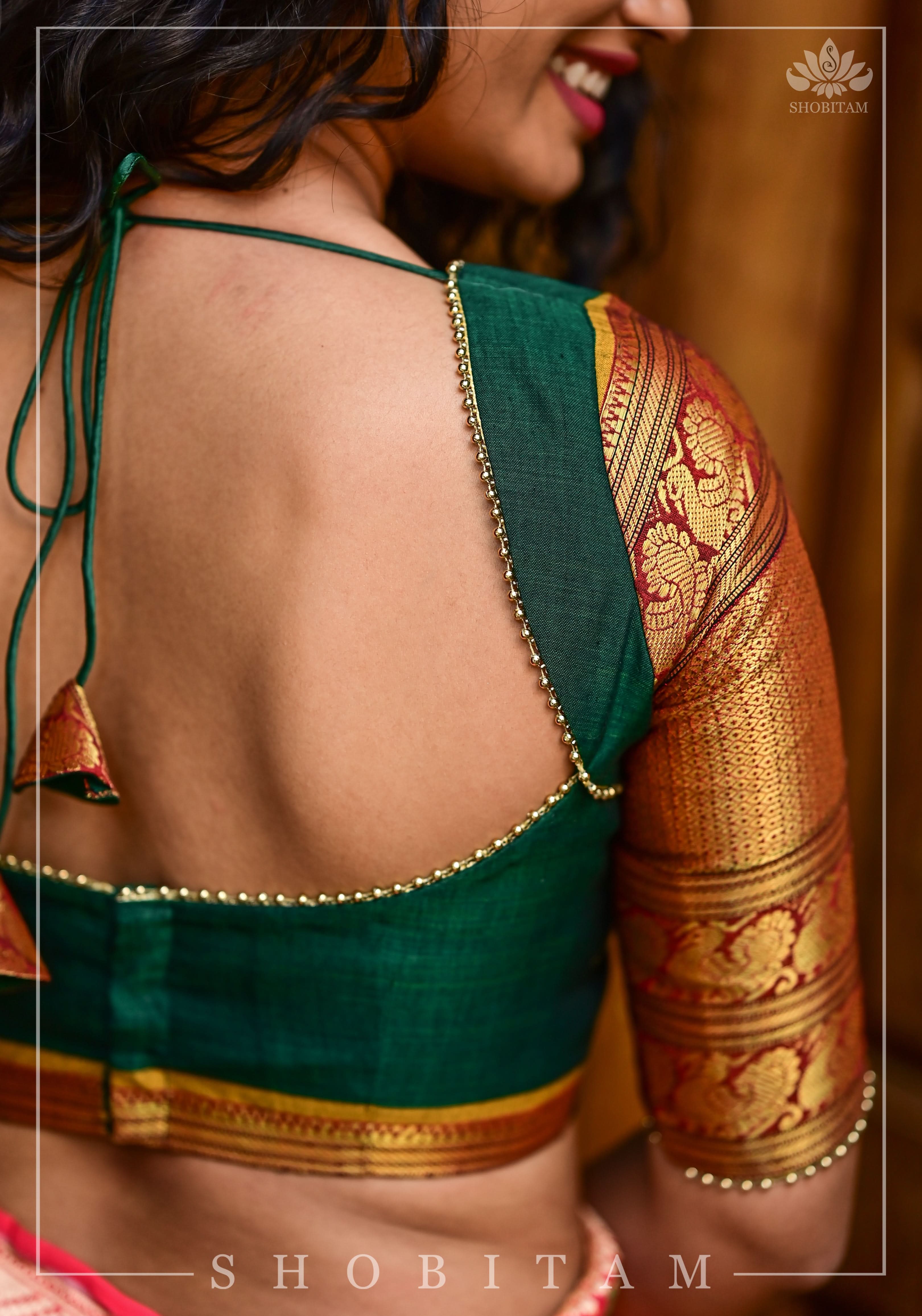 Emerald green narayanpet cotton sweet heart neck armband blouse | Shobitam