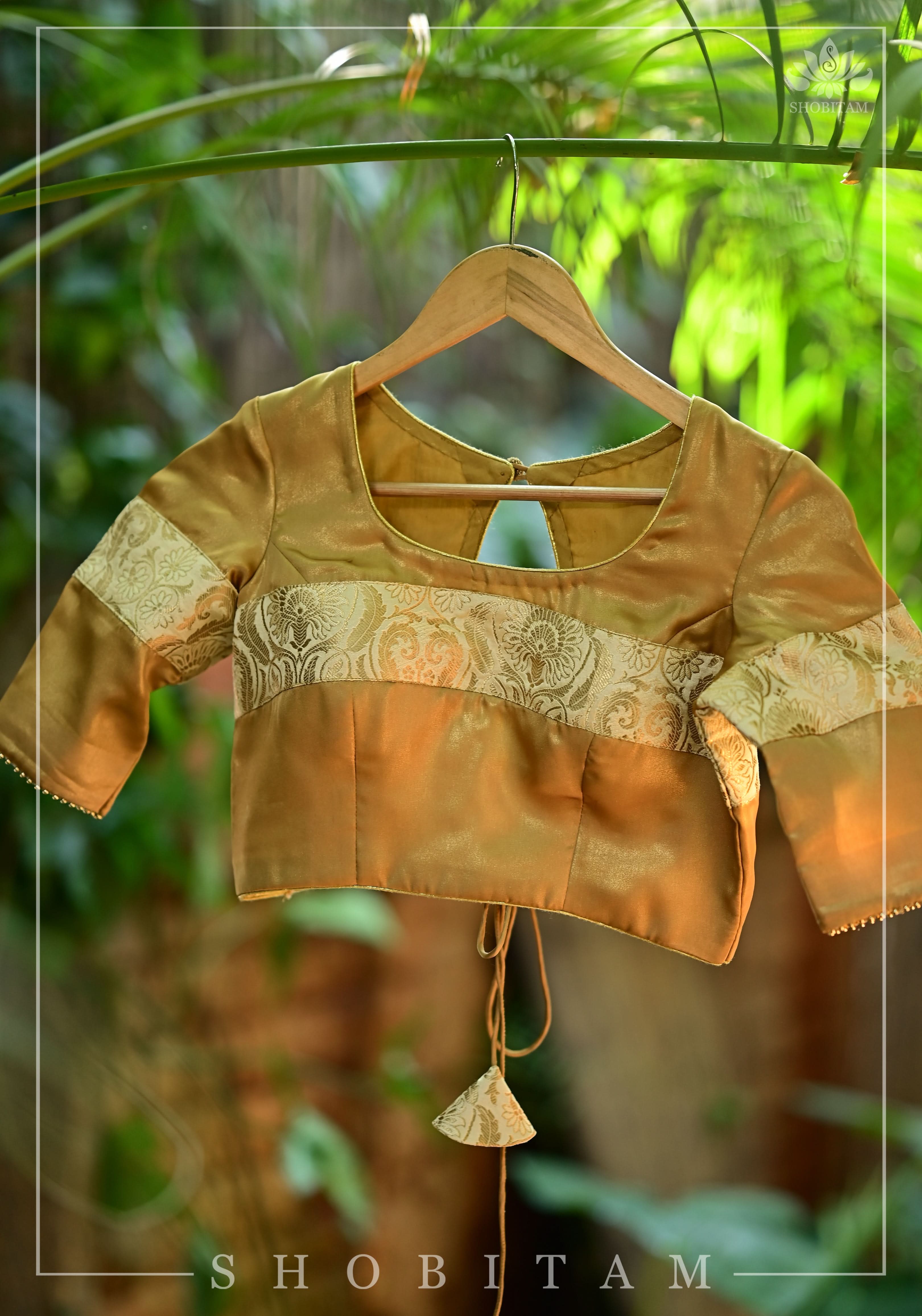 Gold tone Blouse with Tan Banarasi band and keyhole back | Shobitam