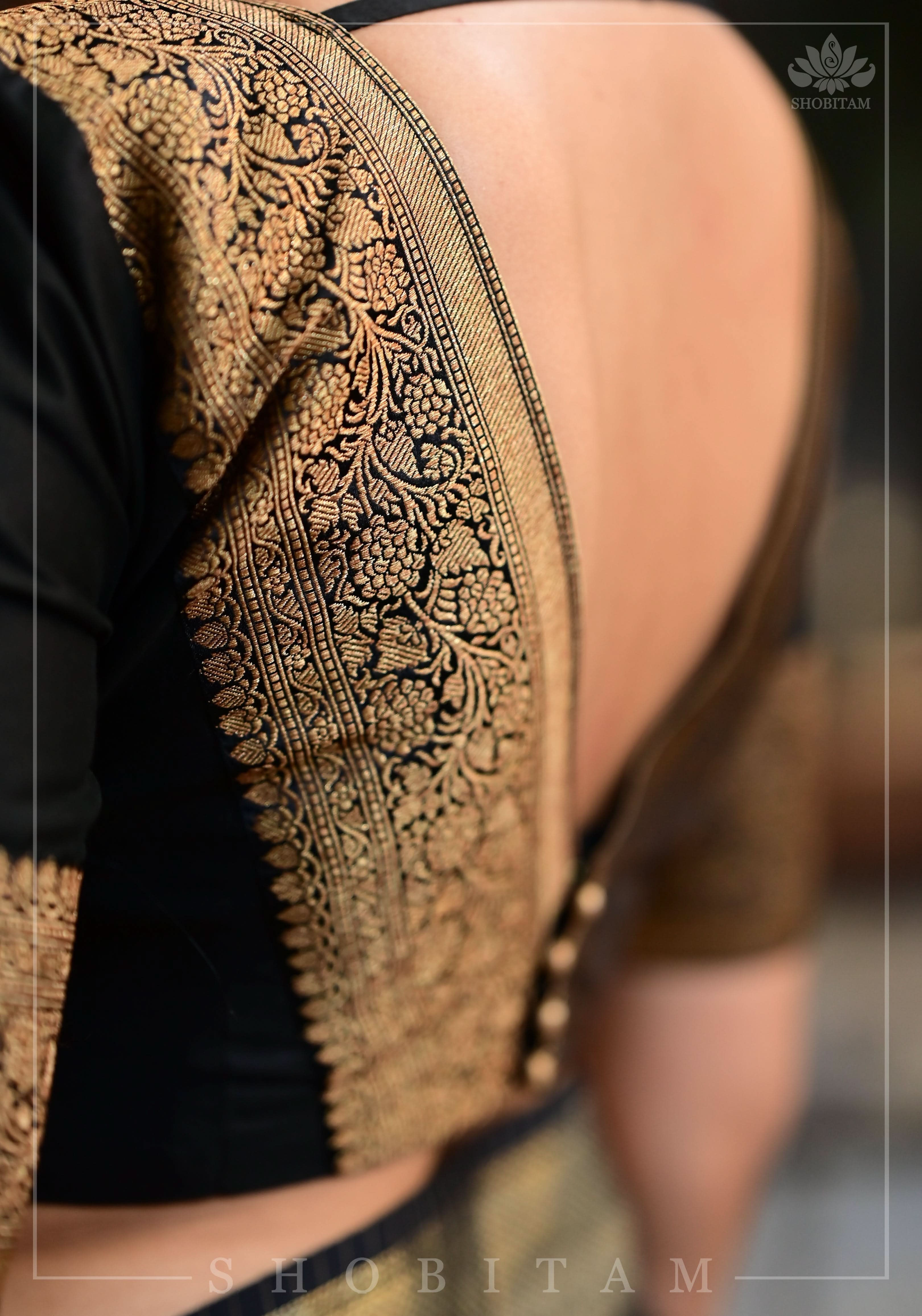 Black Blouse with Plunge Neck and Antique Tone Zari Detailing | Shobitam