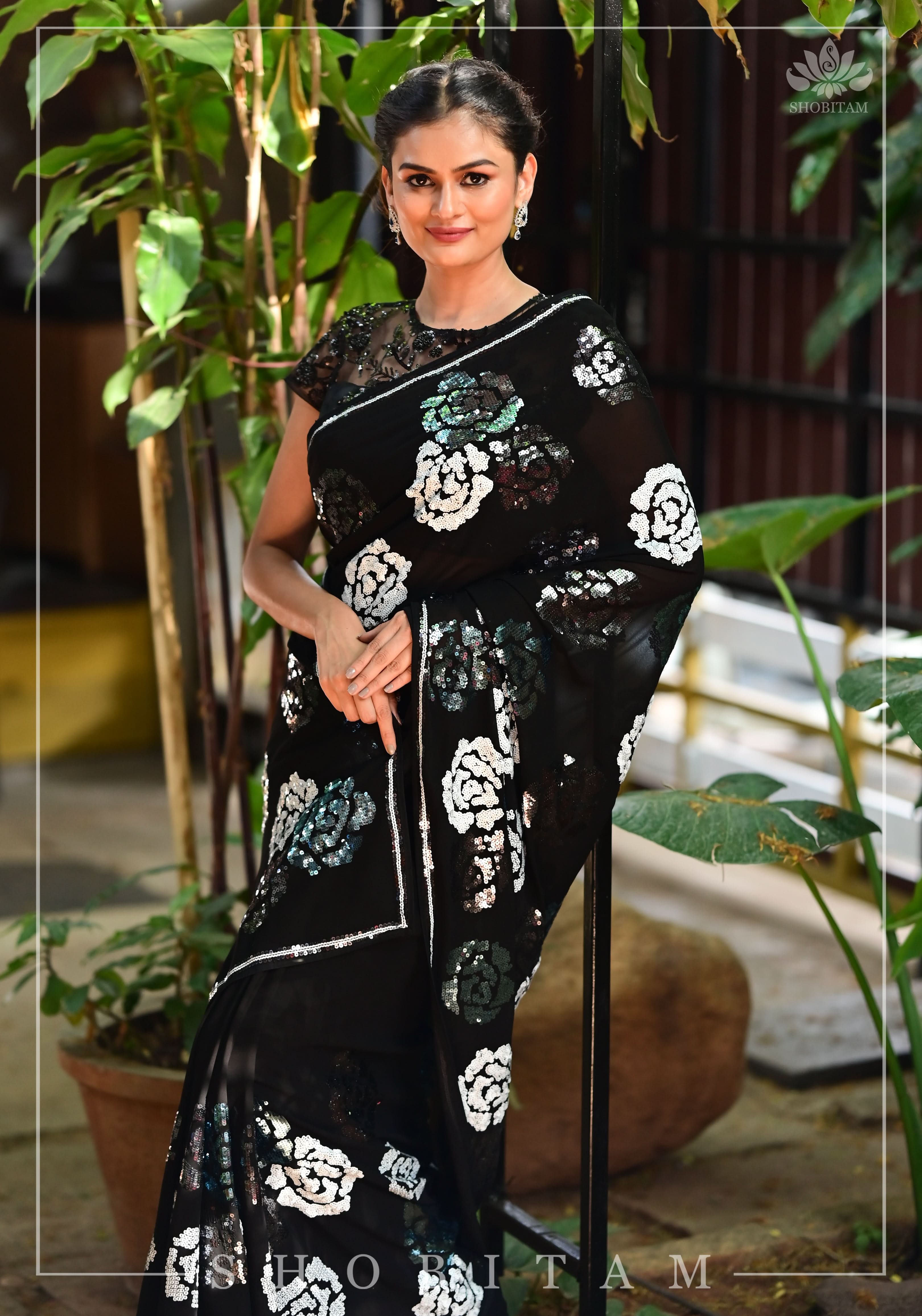Georgette Saree with Rose Sequin work in Black | Shobitam