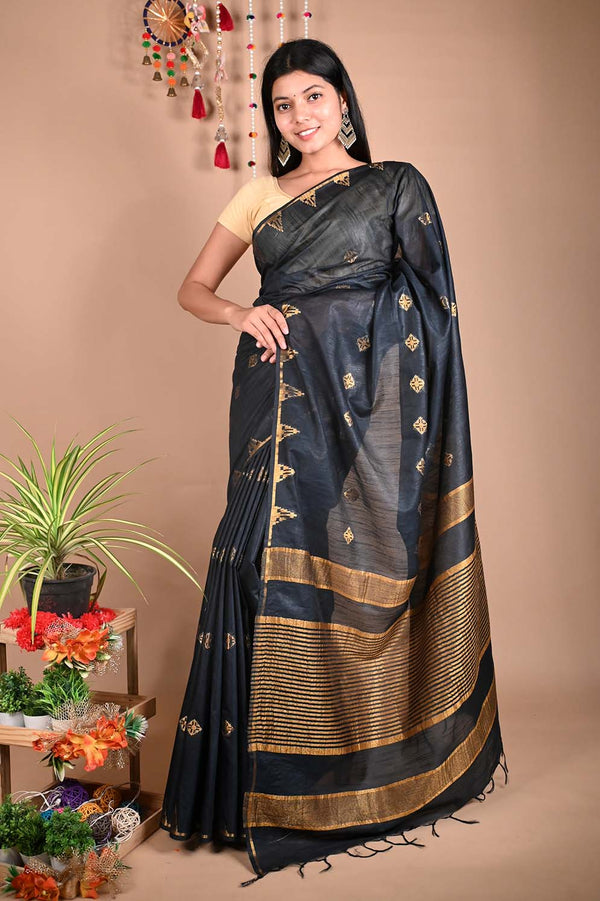 Ready To Wear Bhagalpuri Linen Slub Black Zari interwoven butis and ornate pallu Wrap in 1 minute saree