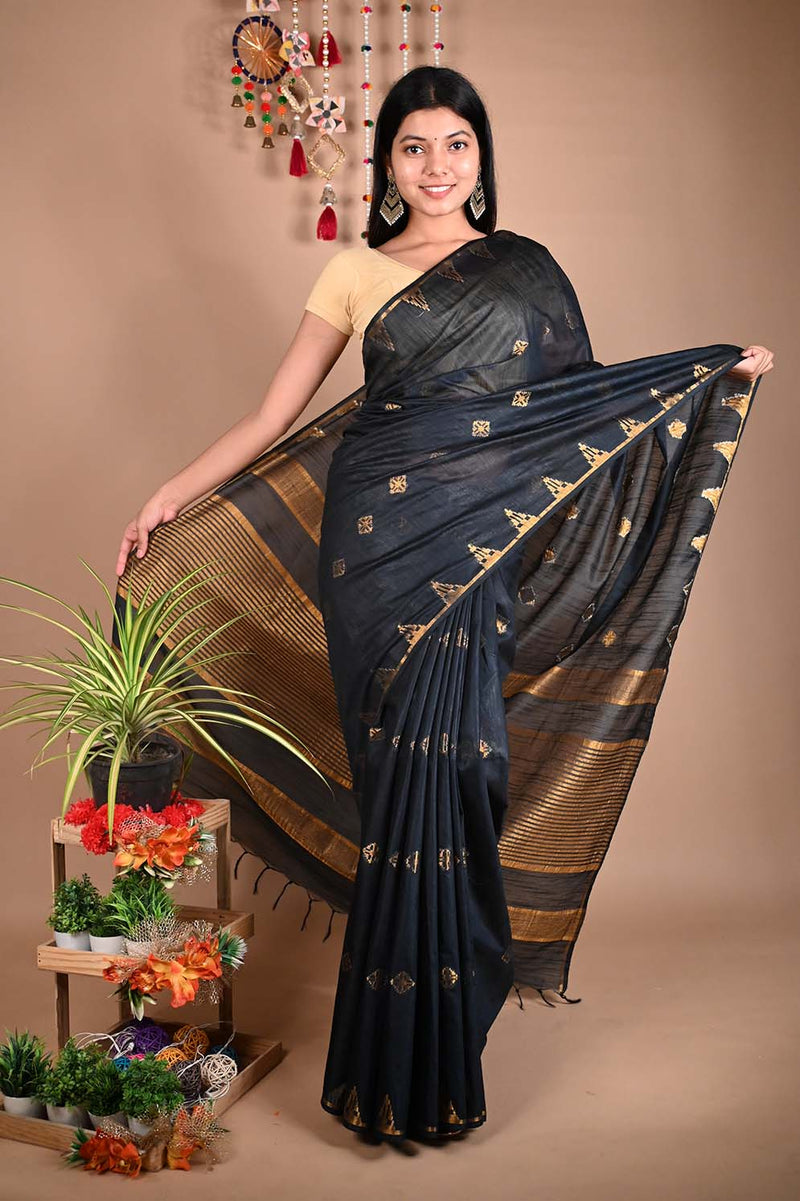 Ready To Wear Bhagalpuri Linen Slub Black Zari interwoven butis and ornate pallu Wrap in 1 minute saree - Isadora Life