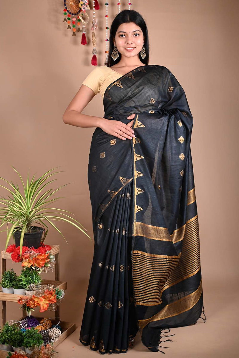 Ready To Wear Bhagalpuri Linen Slub Black Zari interwoven butis and ornate pallu Wrap in 1 minute saree - Isadora Life