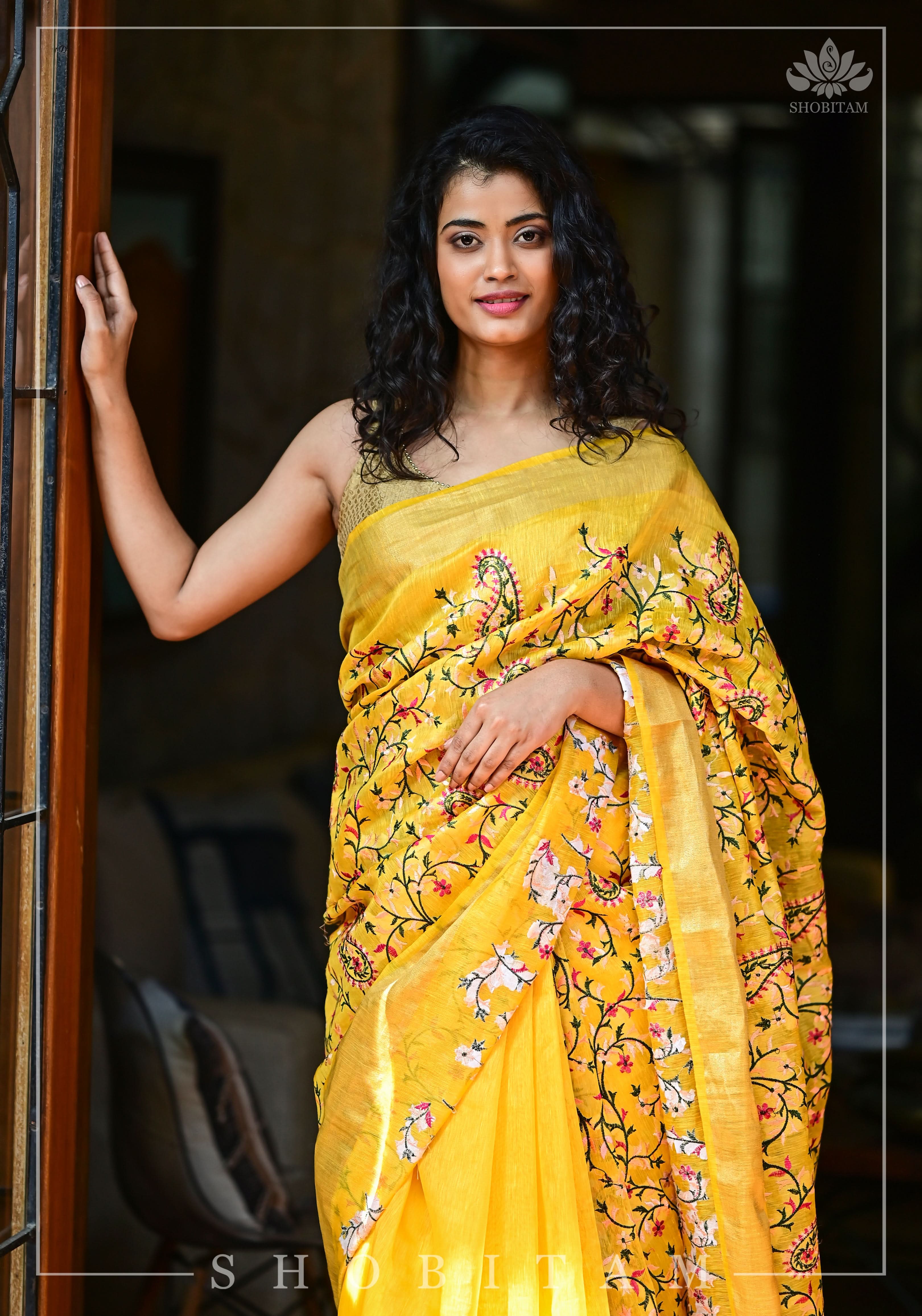 Silk Linen Saree in Yellow with Floral Half Jaal Embroidery | Shobitam
