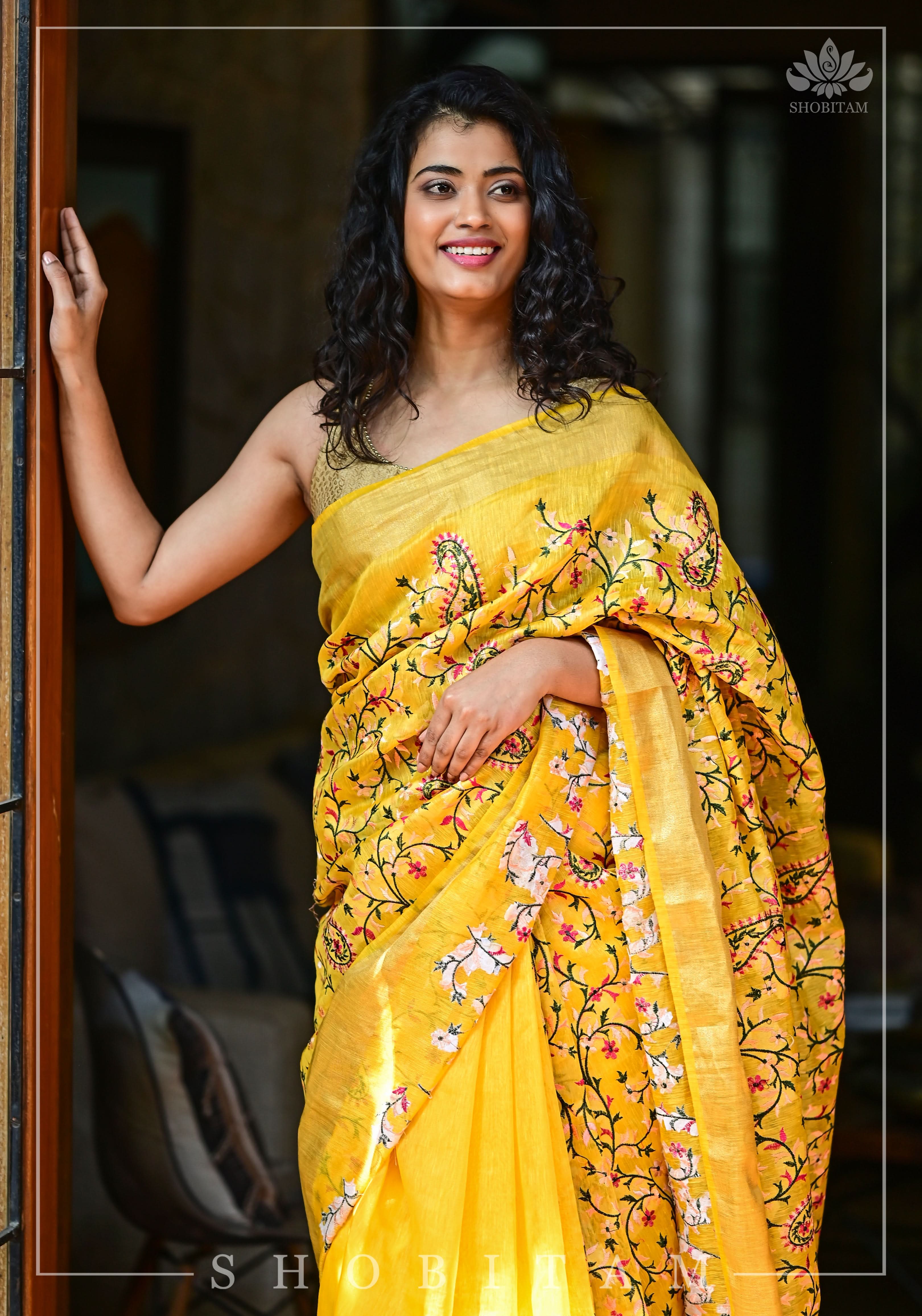Silk Linen Saree in Yellow with Floral Half Jaal Embroidery | Shobitam