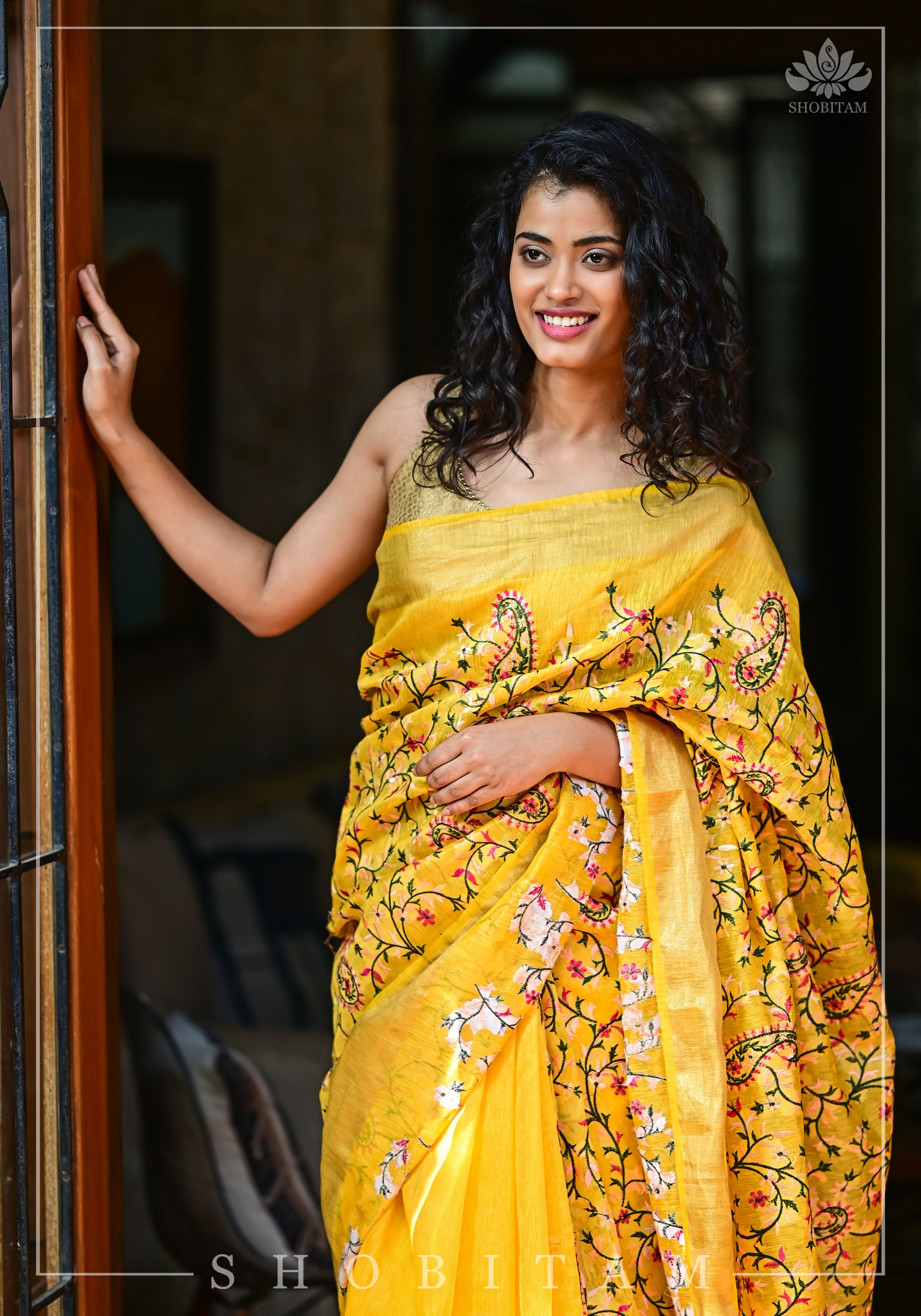 Silk Linen Saree in Yellow with Floral Half Jaal Embroidery | Shobitam