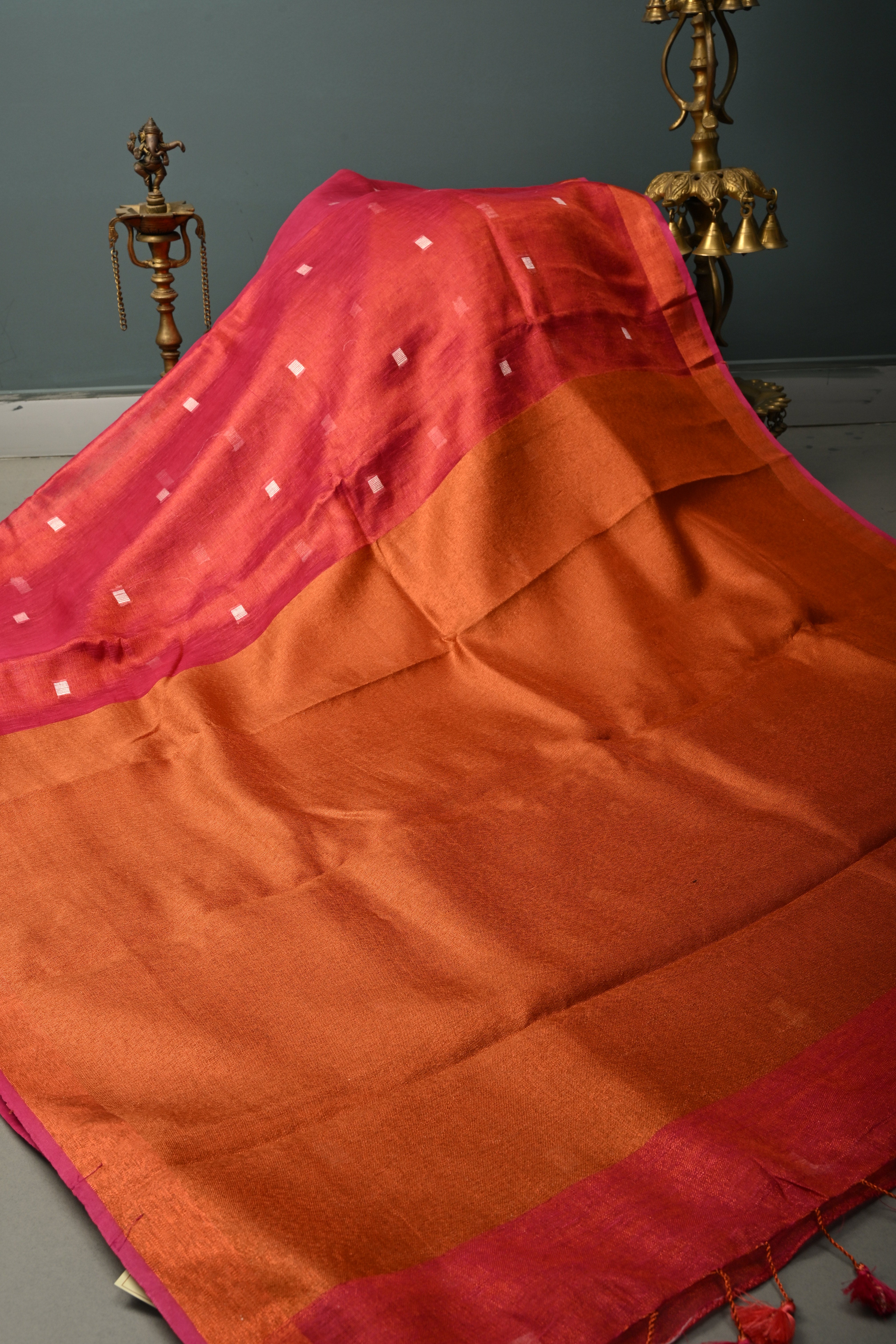 Pink Tissue Linen Saree with Resham Buttas and Minimal Zari Border | Shobitam