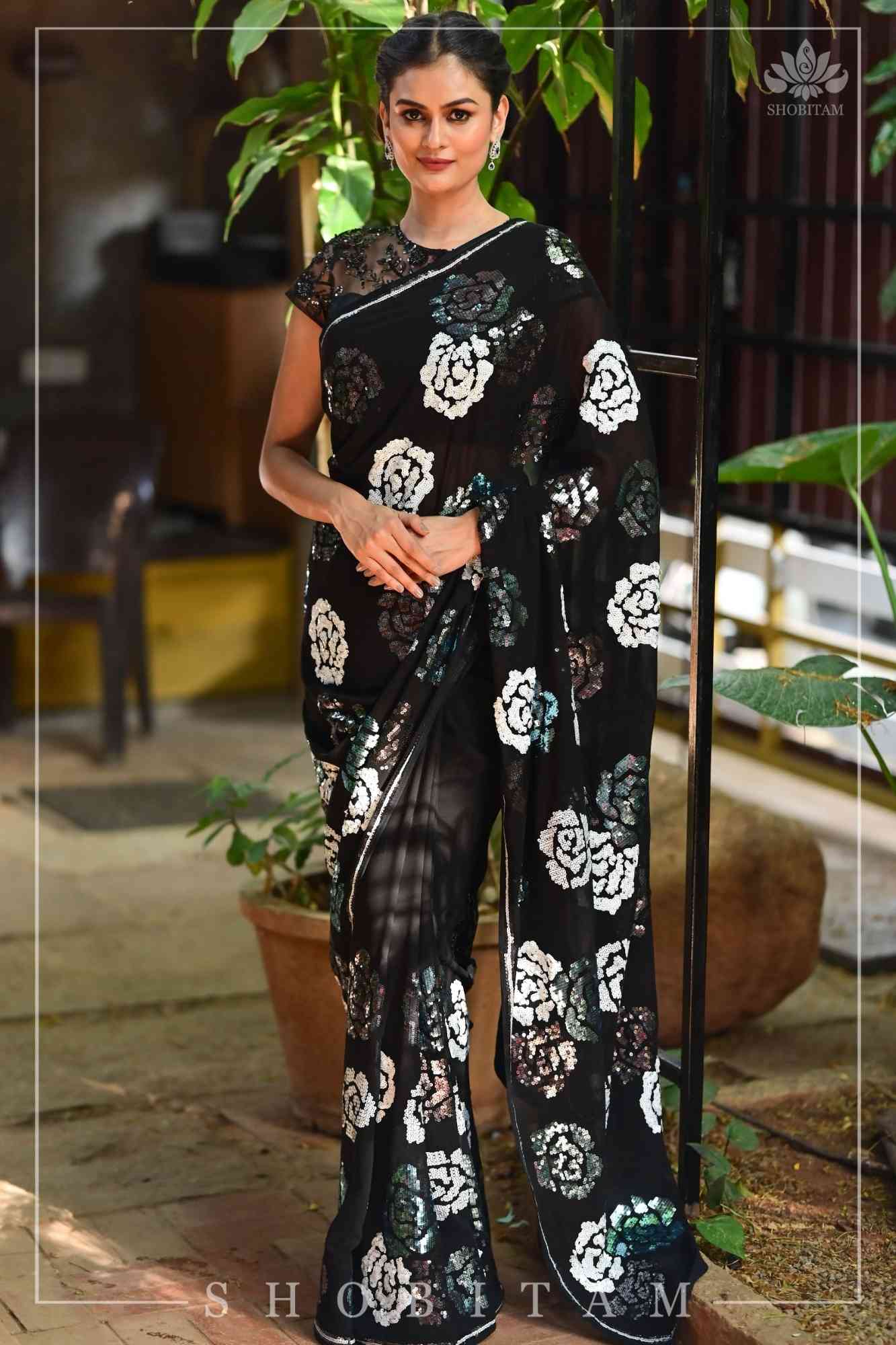 Ready To Wear Georgette Saree with Rose Sequin work in Black