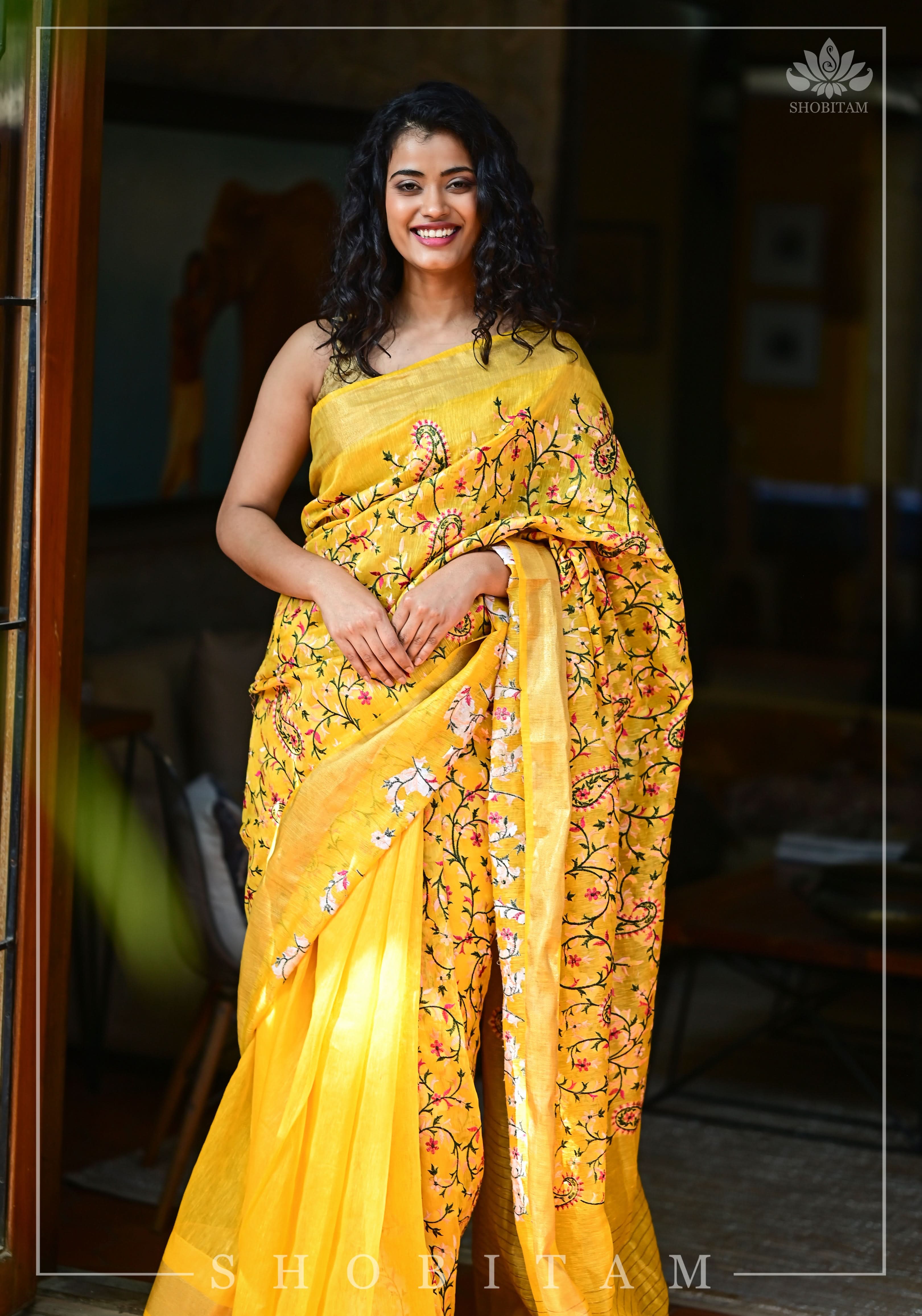 Silk Linen Saree in Yellow with Floral Half Jaal Embroidery | Shobitam