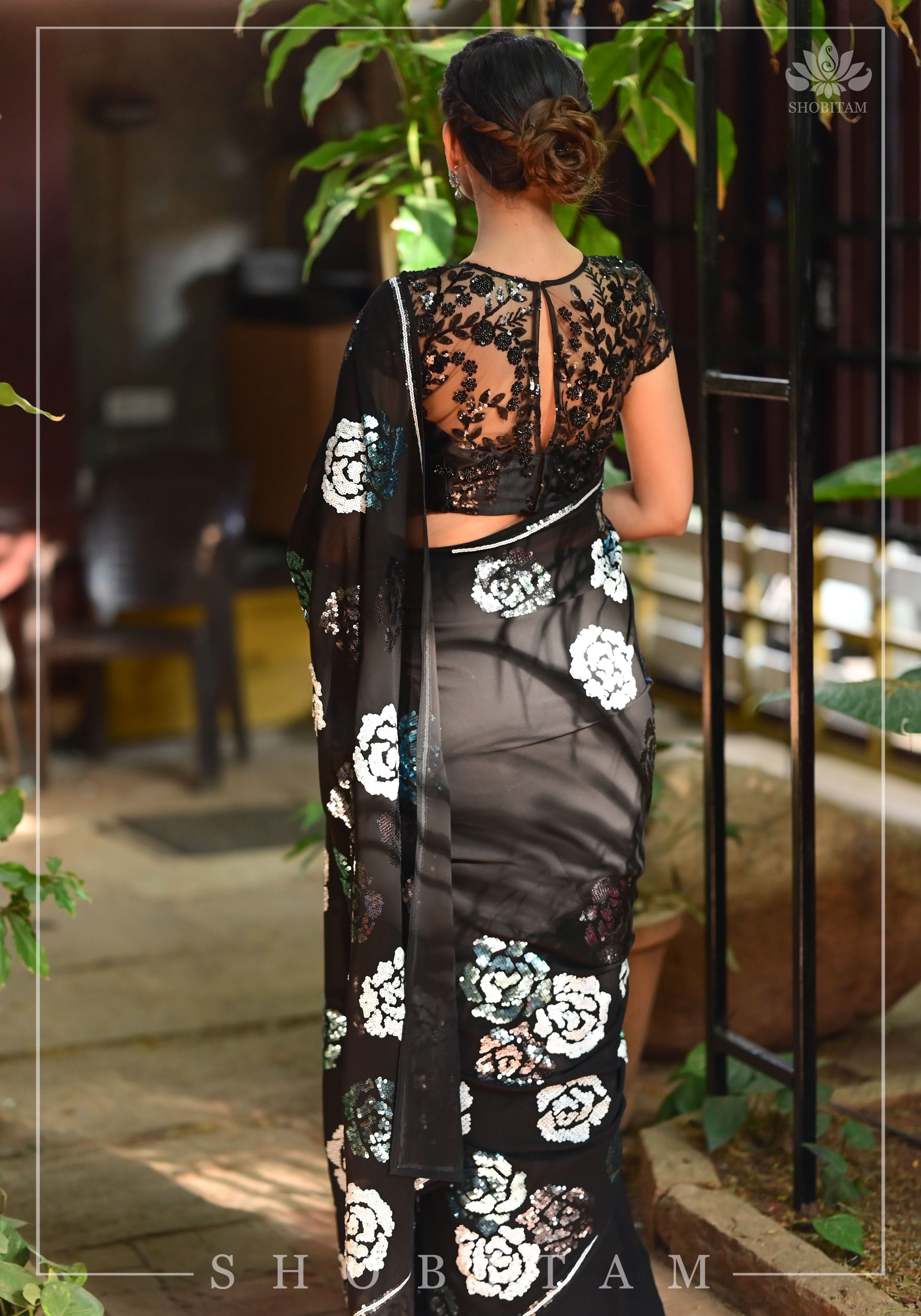 Georgette Saree with Rose Sequin work in Black | Shobitam