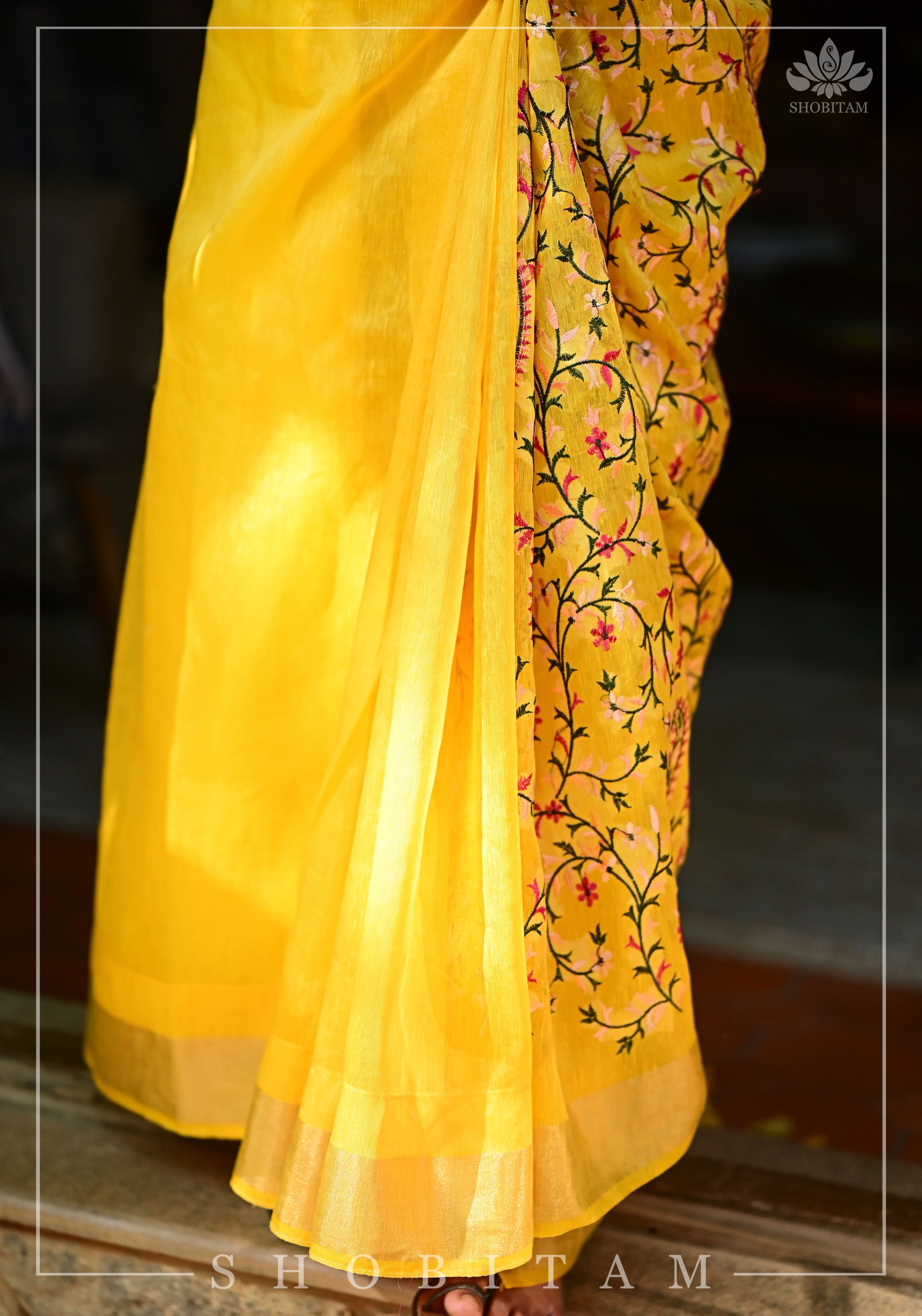 Silk Linen Saree in Yellow with Floral Half Jaal Embroidery | Shobitam