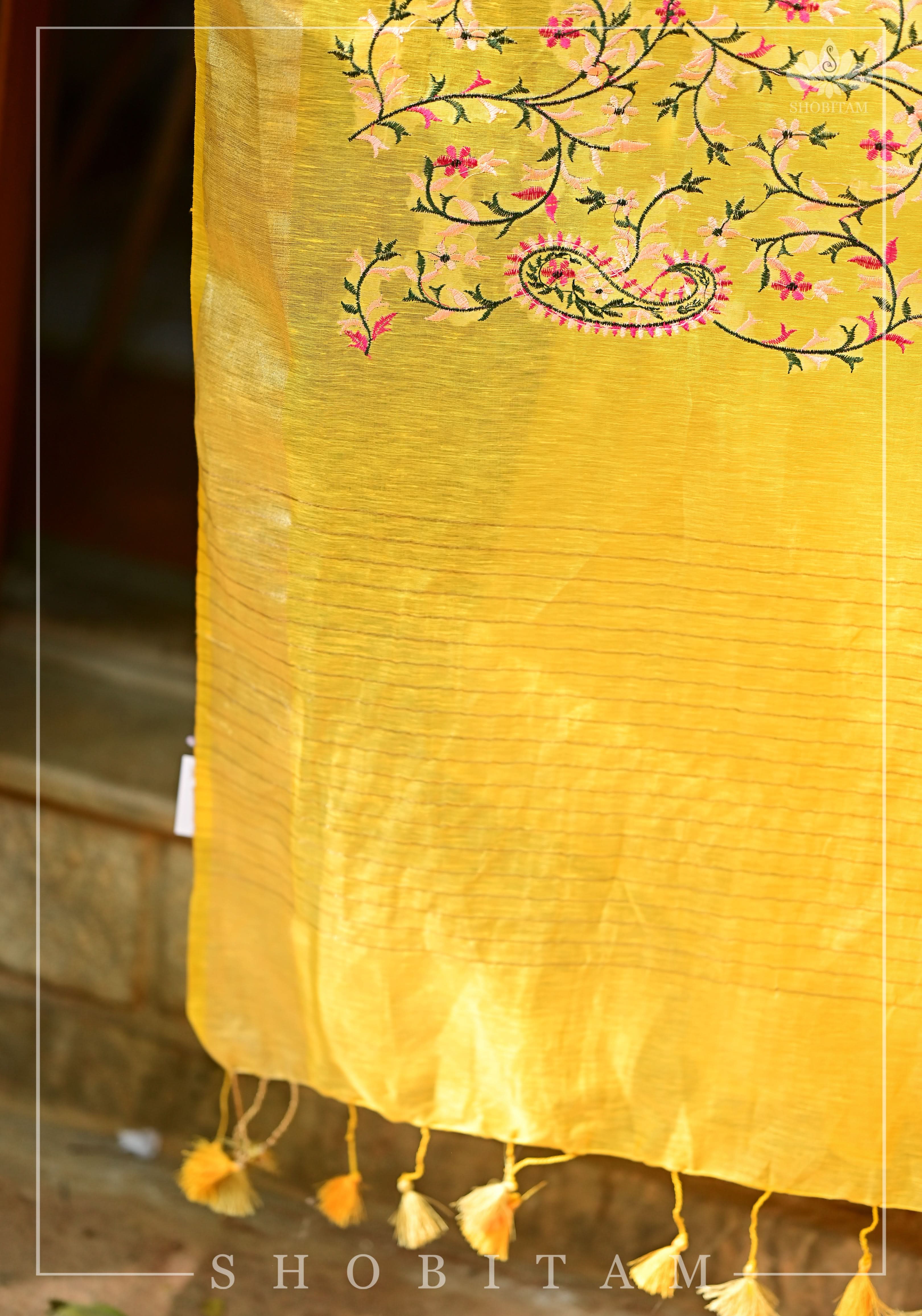 Silk Linen Saree in Yellow with Floral Half Jaal Embroidery | Shobitam