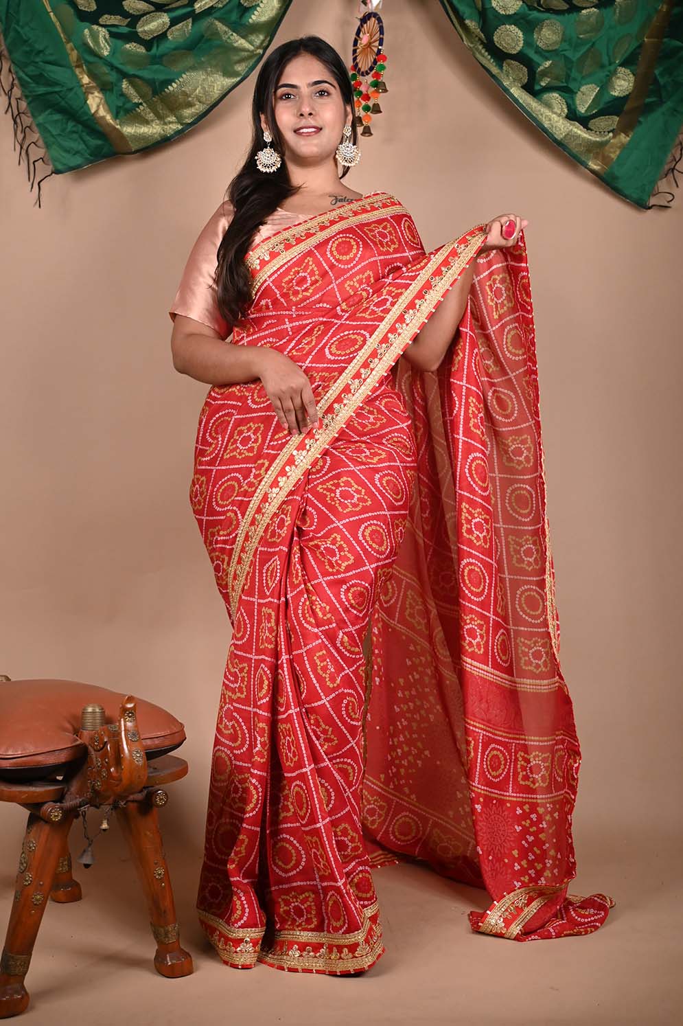 Crimson Red bandhani Gota patti, Zardozi, Sequins Pure Chinon Saree - ALBIS  Online