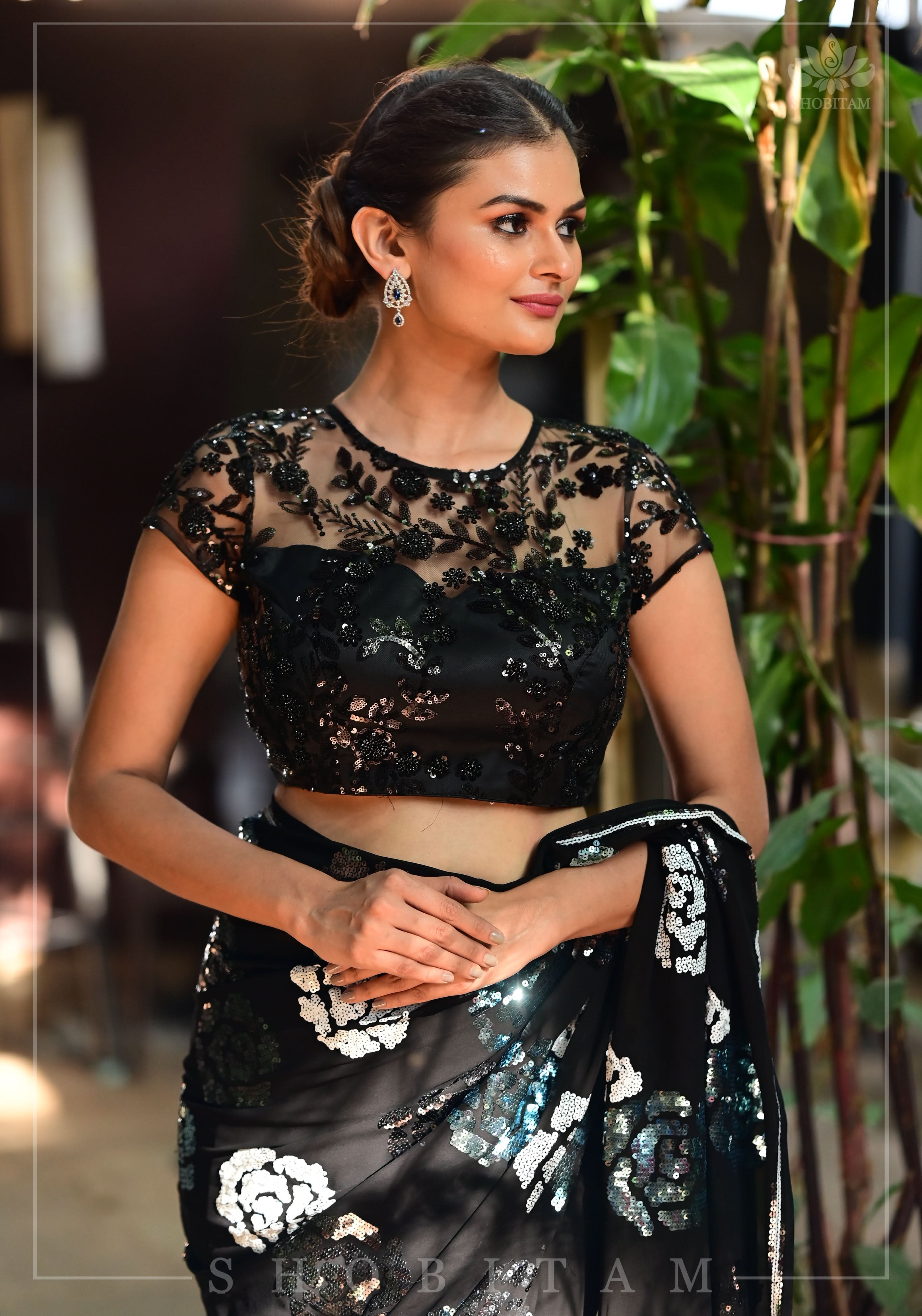 Stunning Black Net Blouse with Sheer Yoke and Shimmering Black Floral Design Sequins | Shobitam