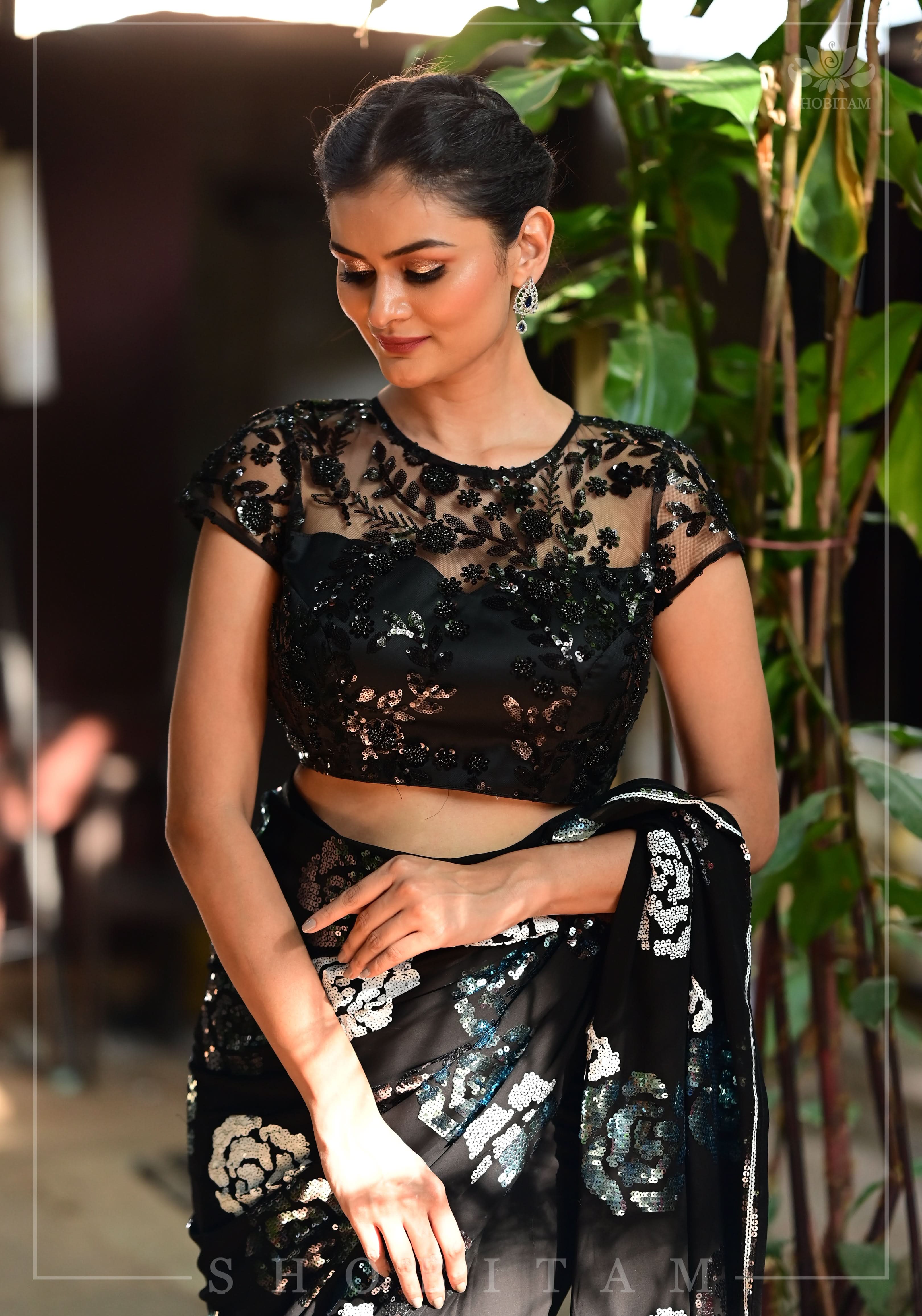 Stunning Black Net Blouse with Sheer Yoke and Shimmering Black Floral Design Sequins | Shobitam