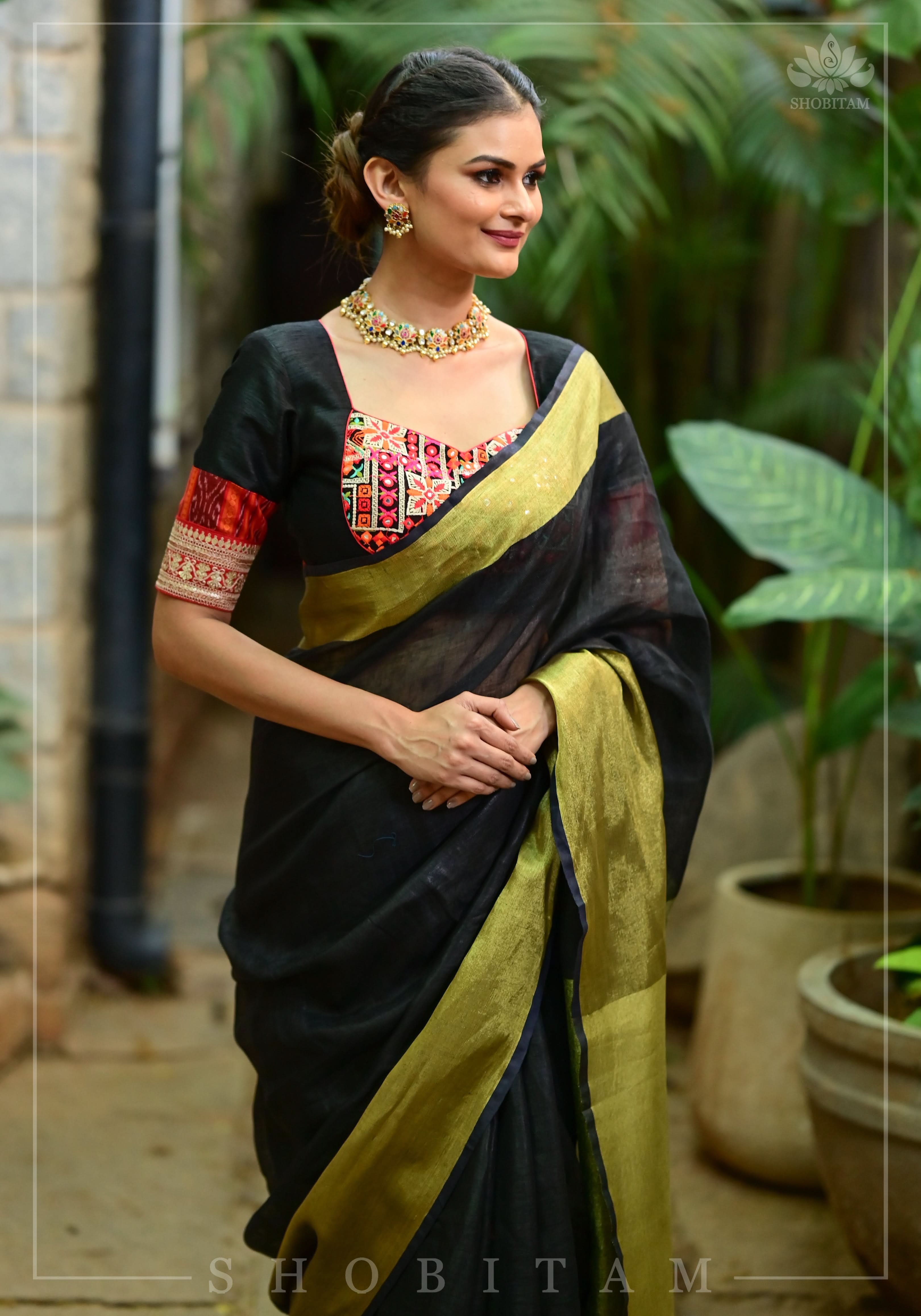 Wide Antique Golden Border  Linen by Linen Saree in Black | Shobitam