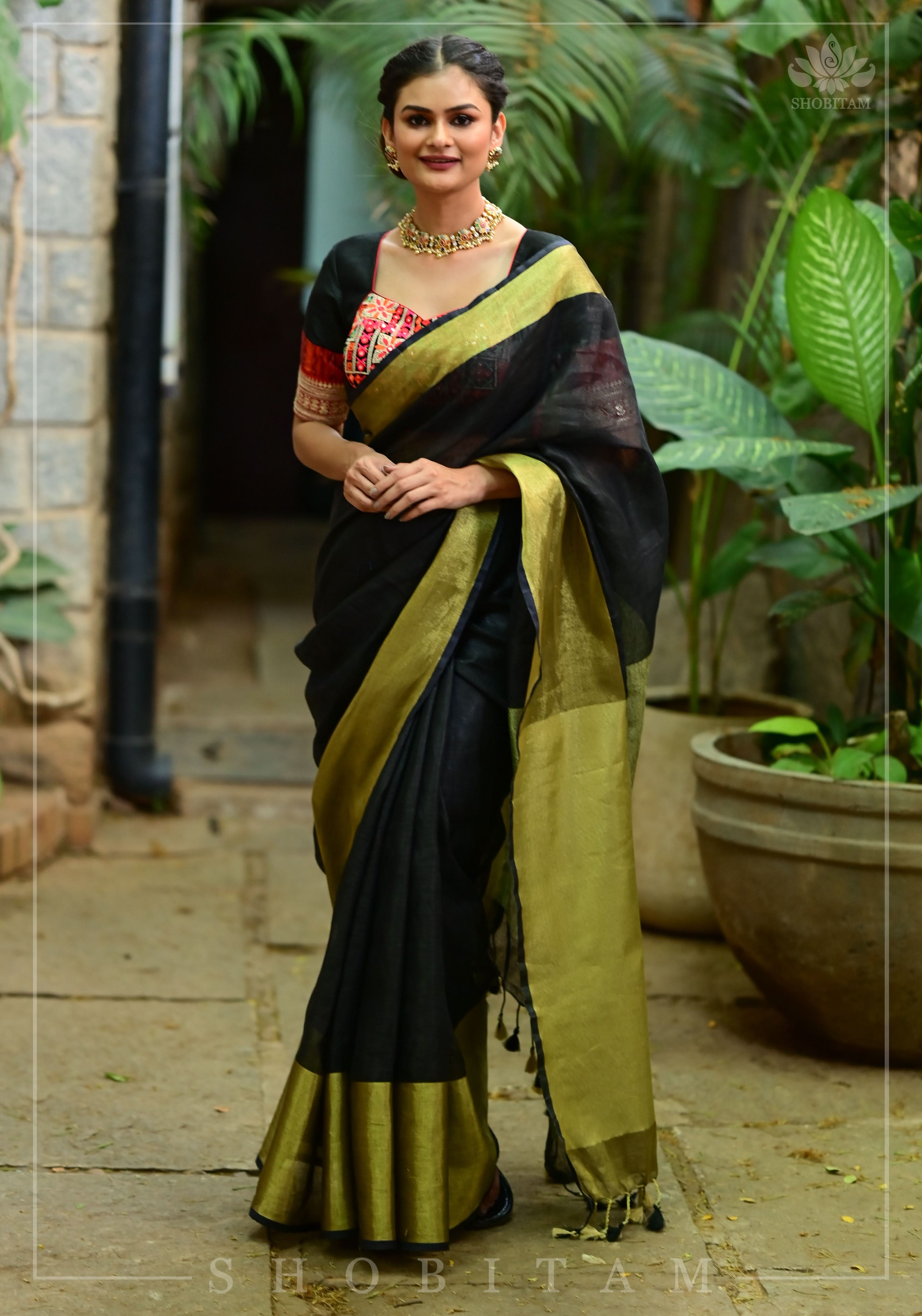 Wide Antique Golden Border  Linen by Linen Saree in Black | Shobitam
