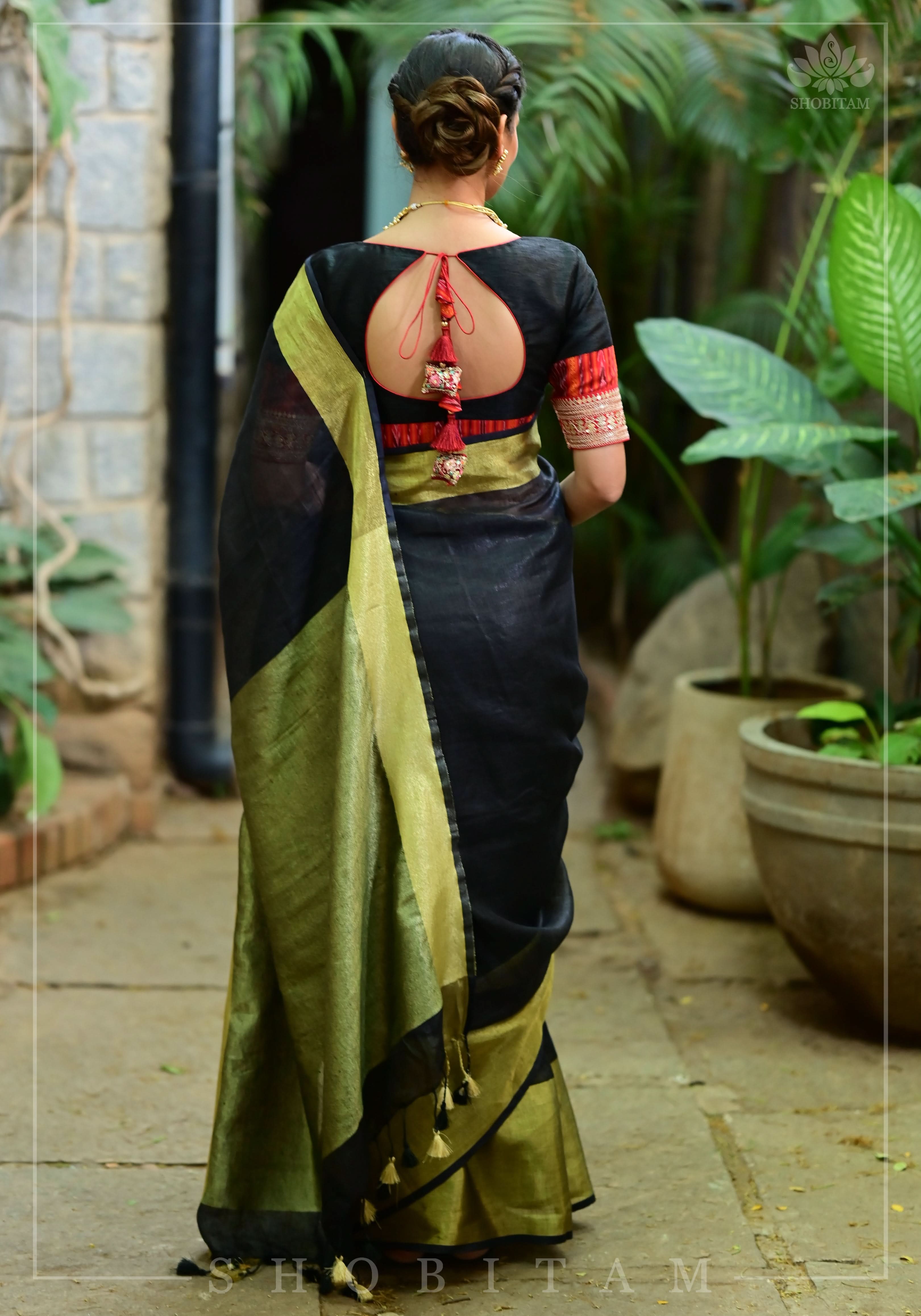 Wide Antique Golden Border  Linen by Linen Saree in Black | Shobitam