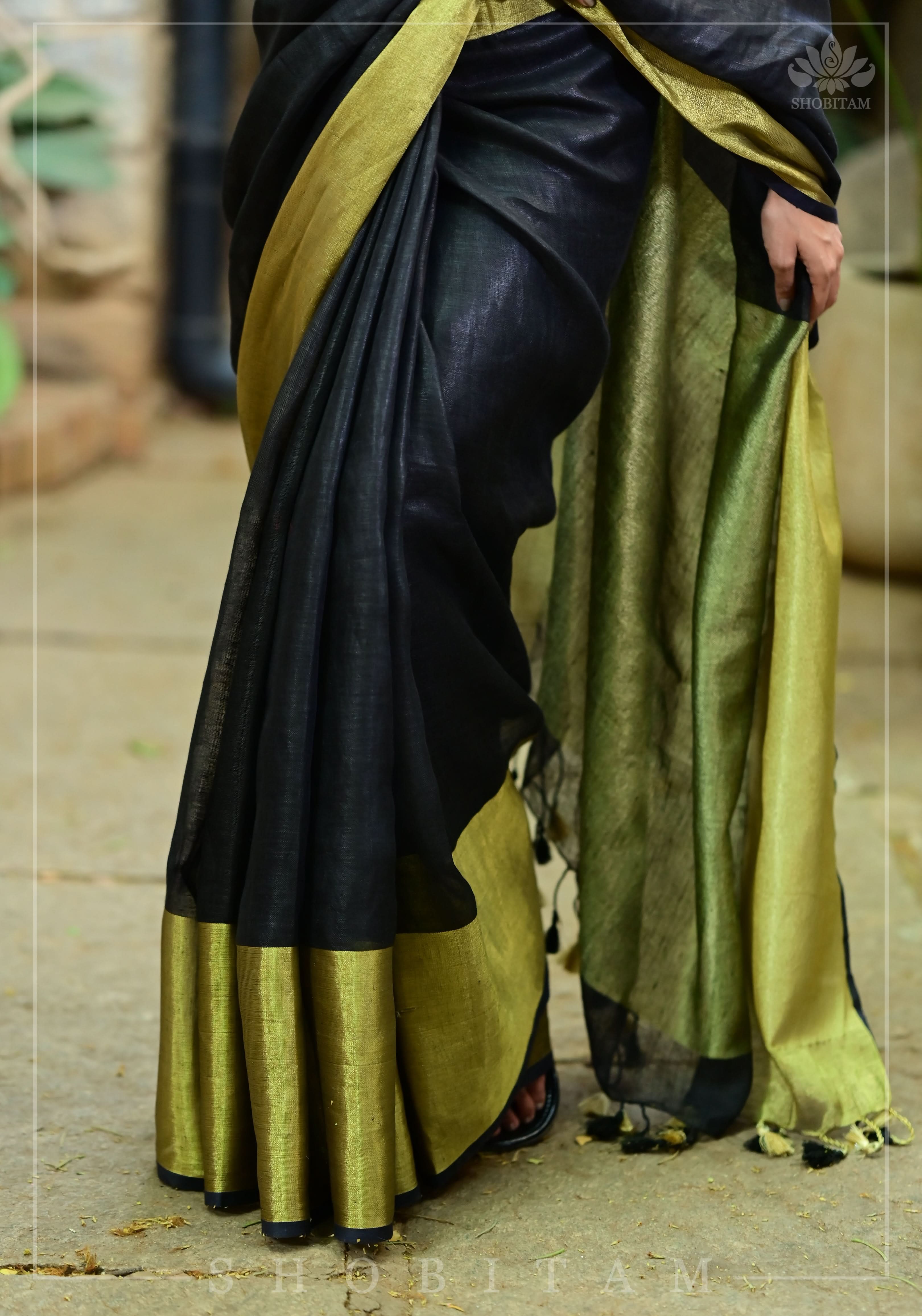 Wide Antique Golden Border  Linen by Linen Saree in Black | Shobitam