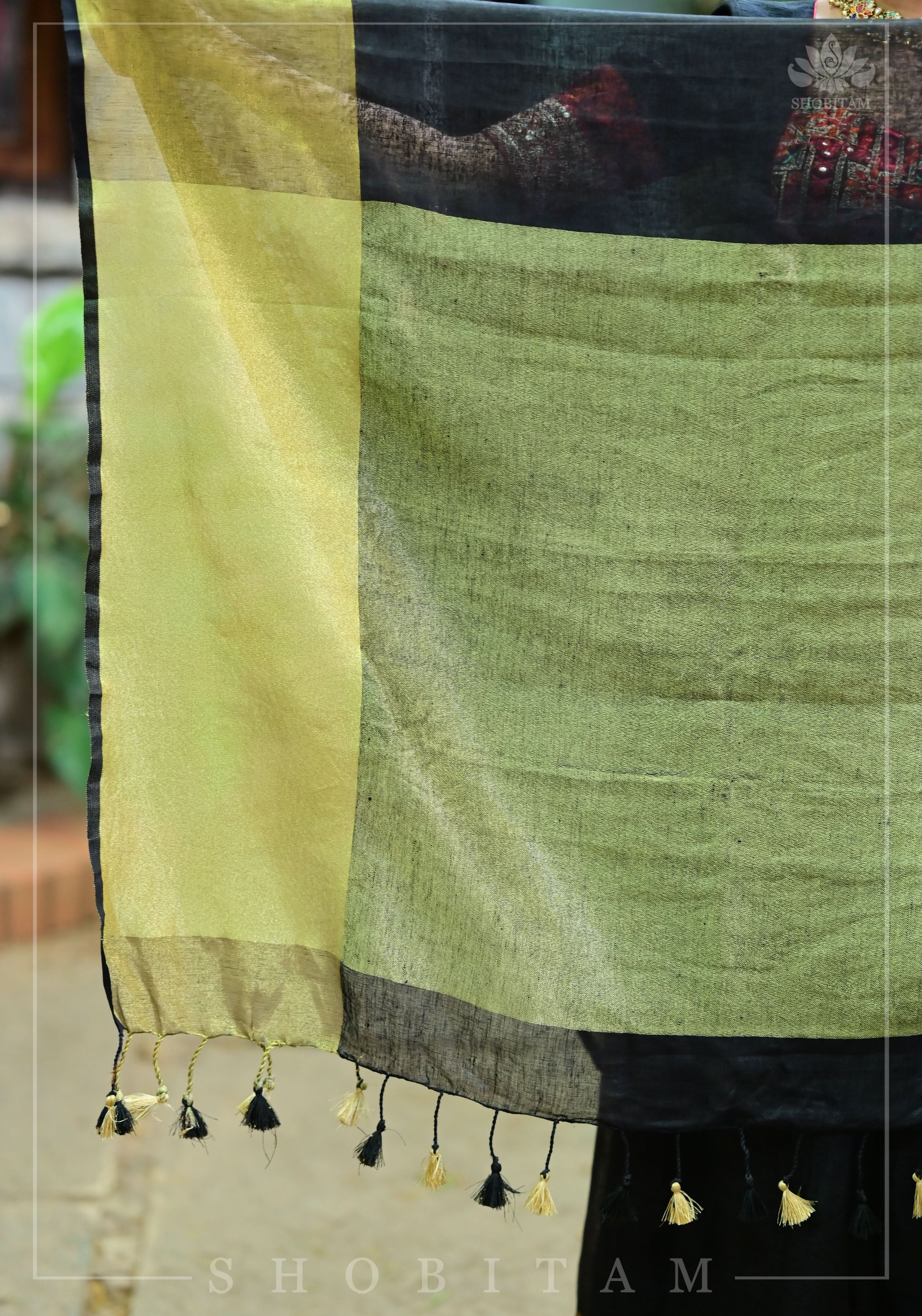 Wide Antique Golden Border  Linen by Linen Saree in Black | Shobitam