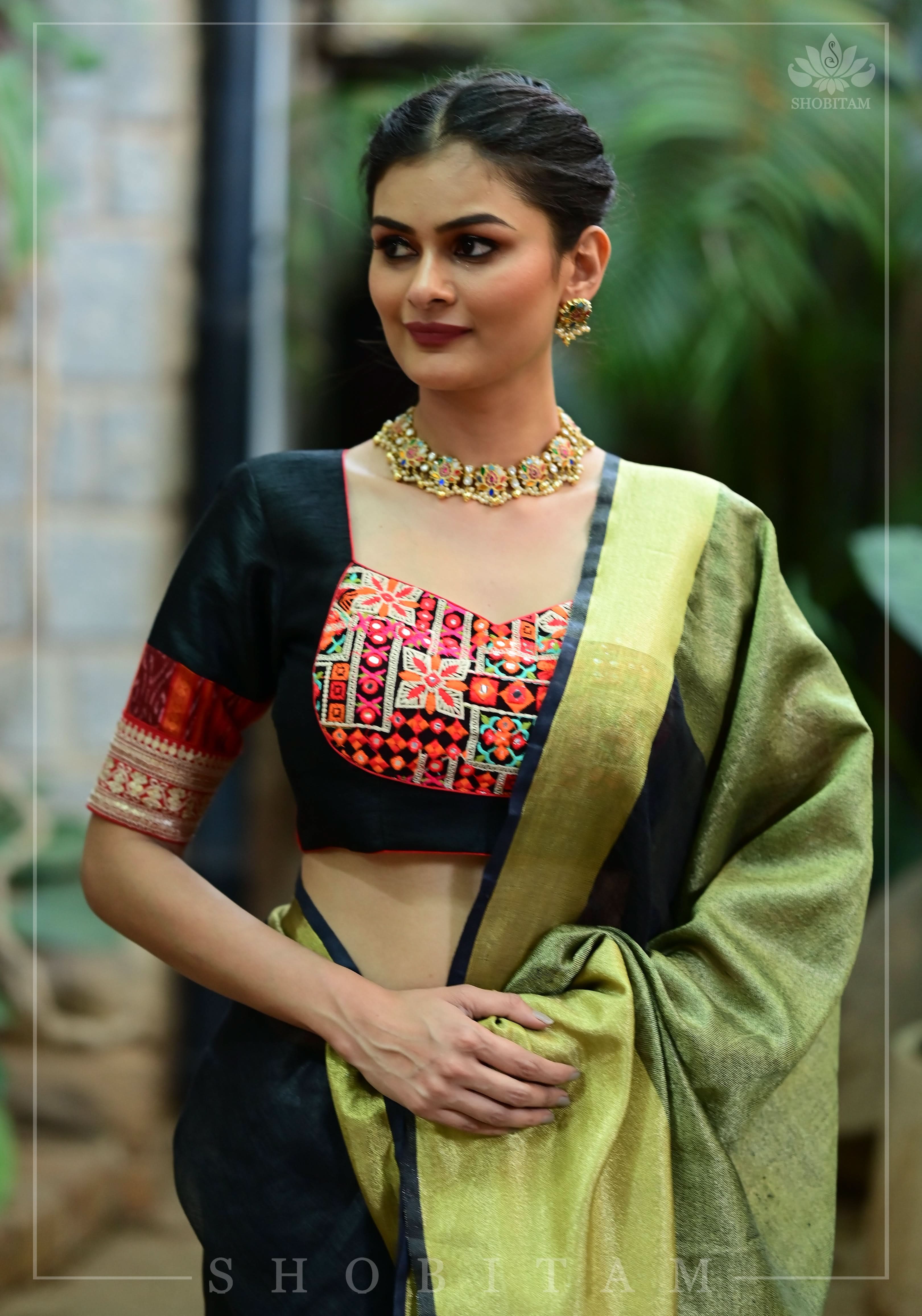 Wide Antique Golden Border  Linen by Linen Saree in Black | Shobitam