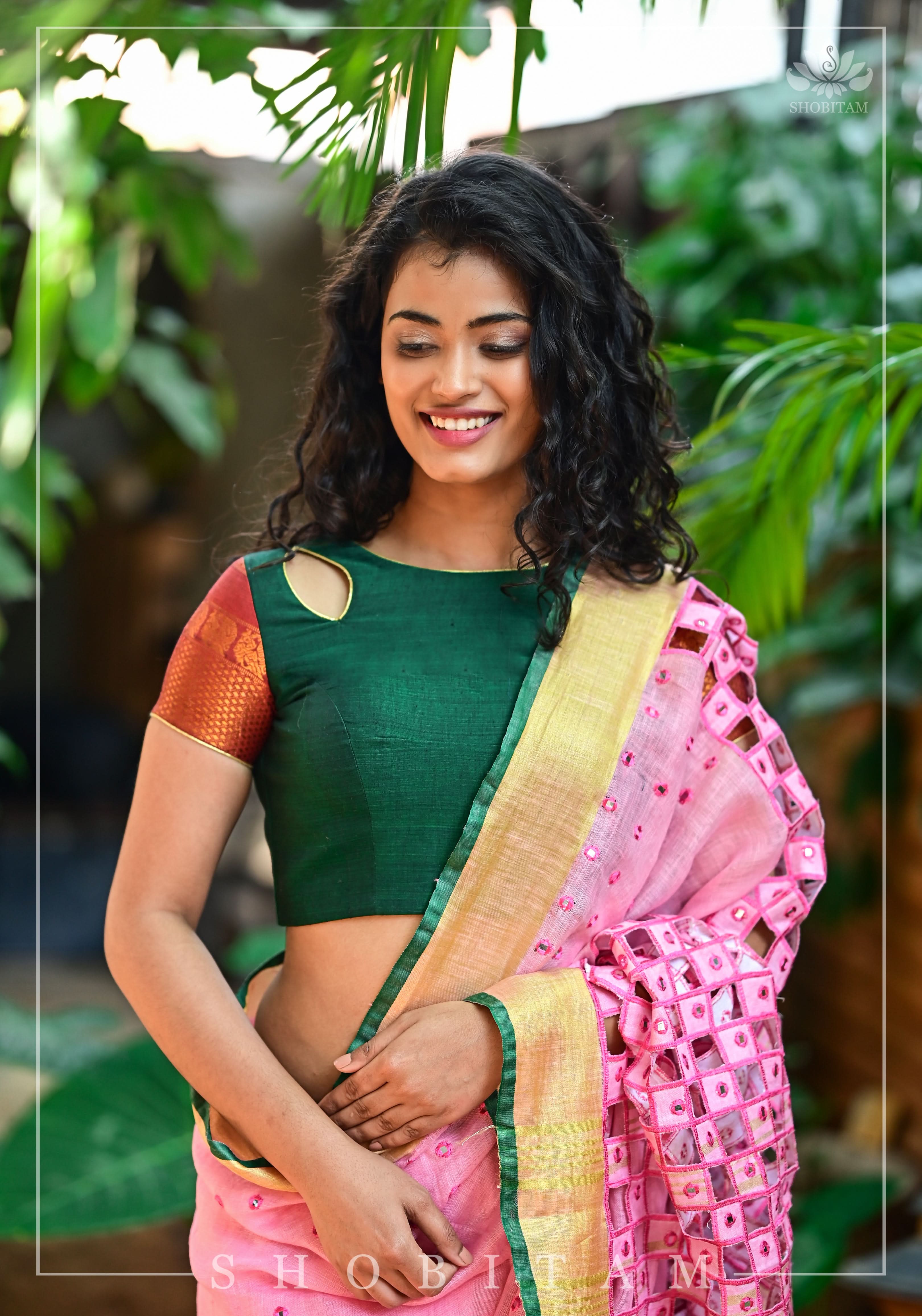 Forest green narayanpet cotton close neck cutout blouse with tie back | Shobitam