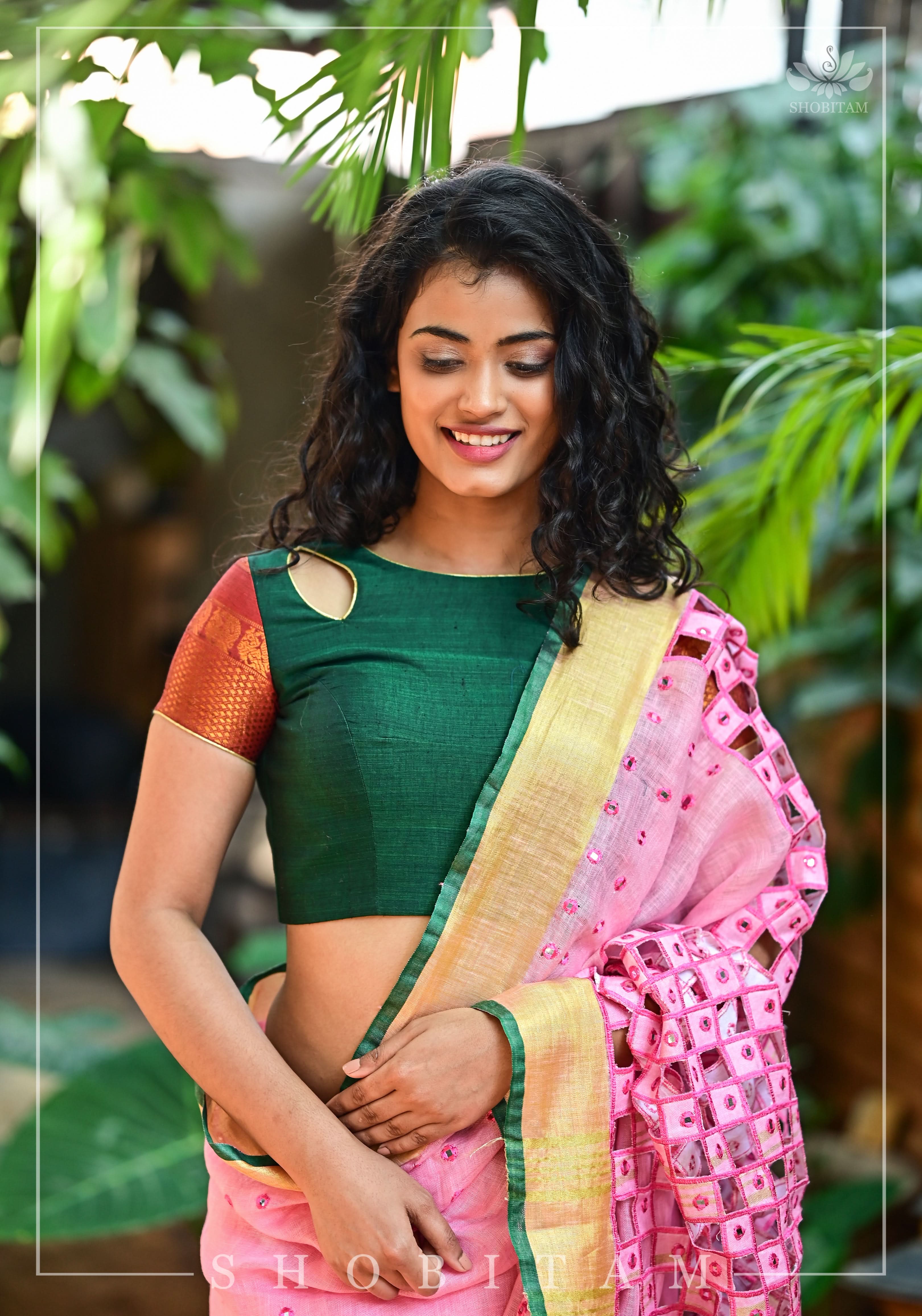 Forest green narayanpet cotton close neck cutout blouse with tie back | Shobitam