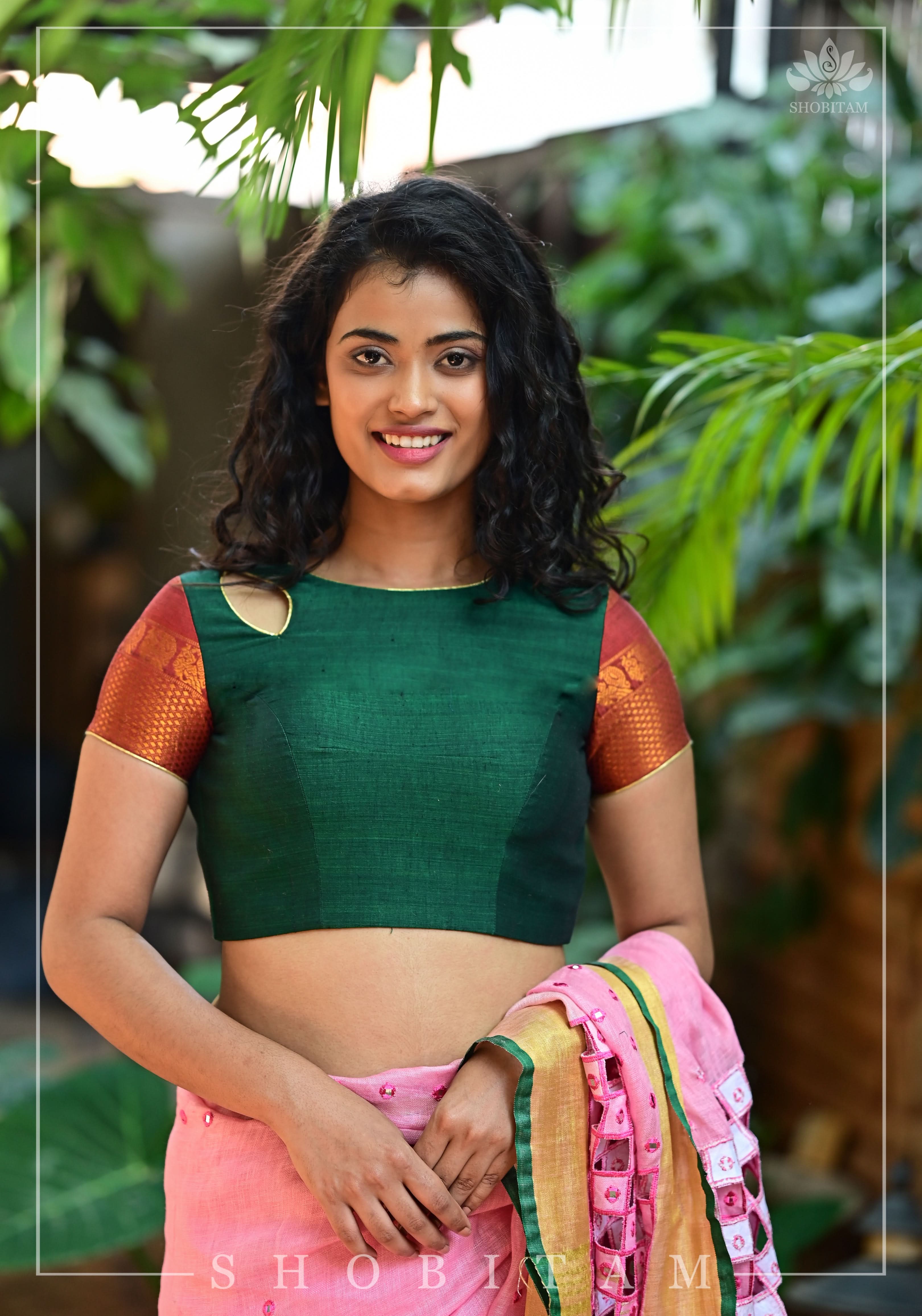 Forest green narayanpet cotton close neck cutout blouse with tie back | Shobitam