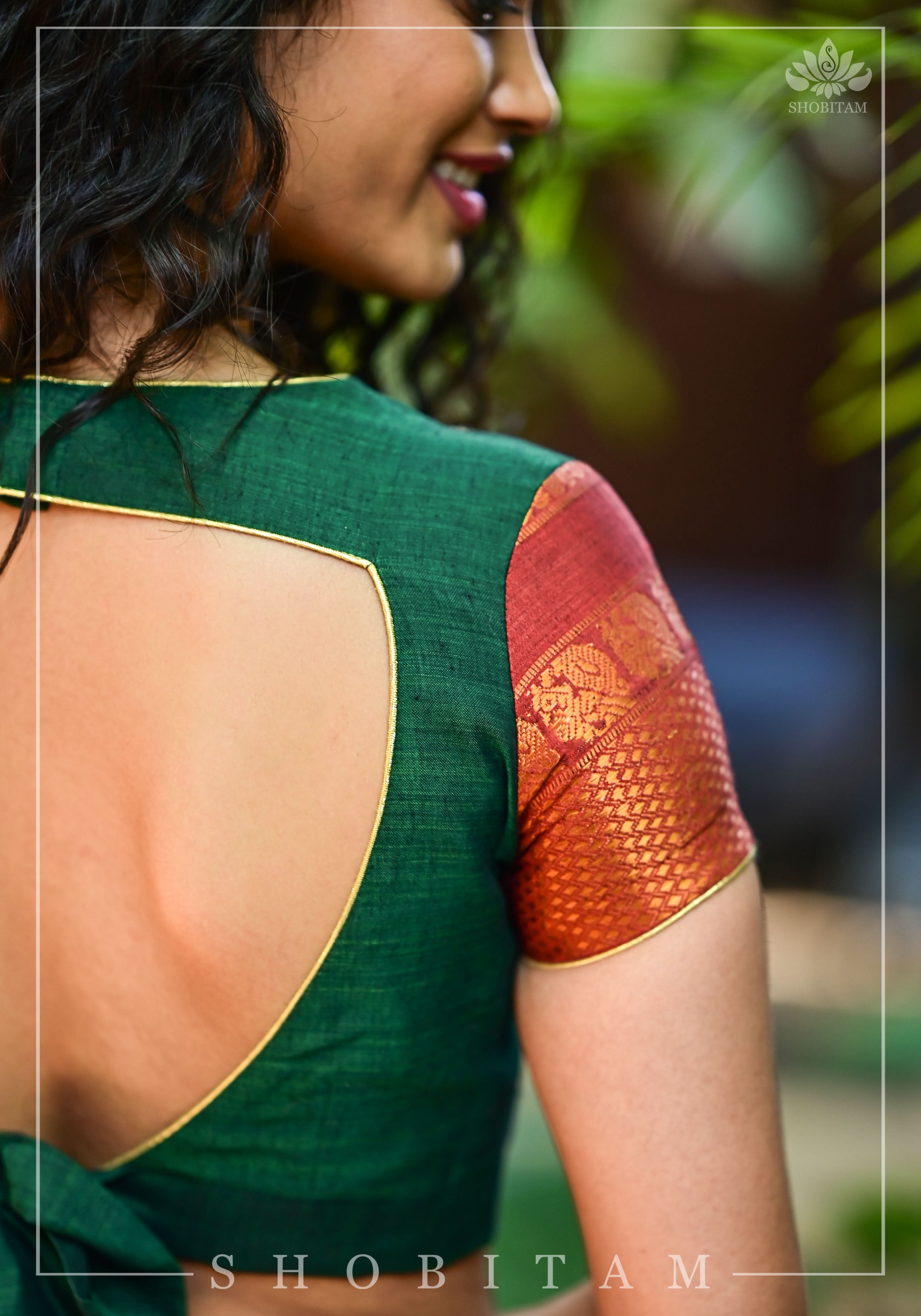Forest green narayanpet cotton close neck cutout blouse with tie back | Shobitam