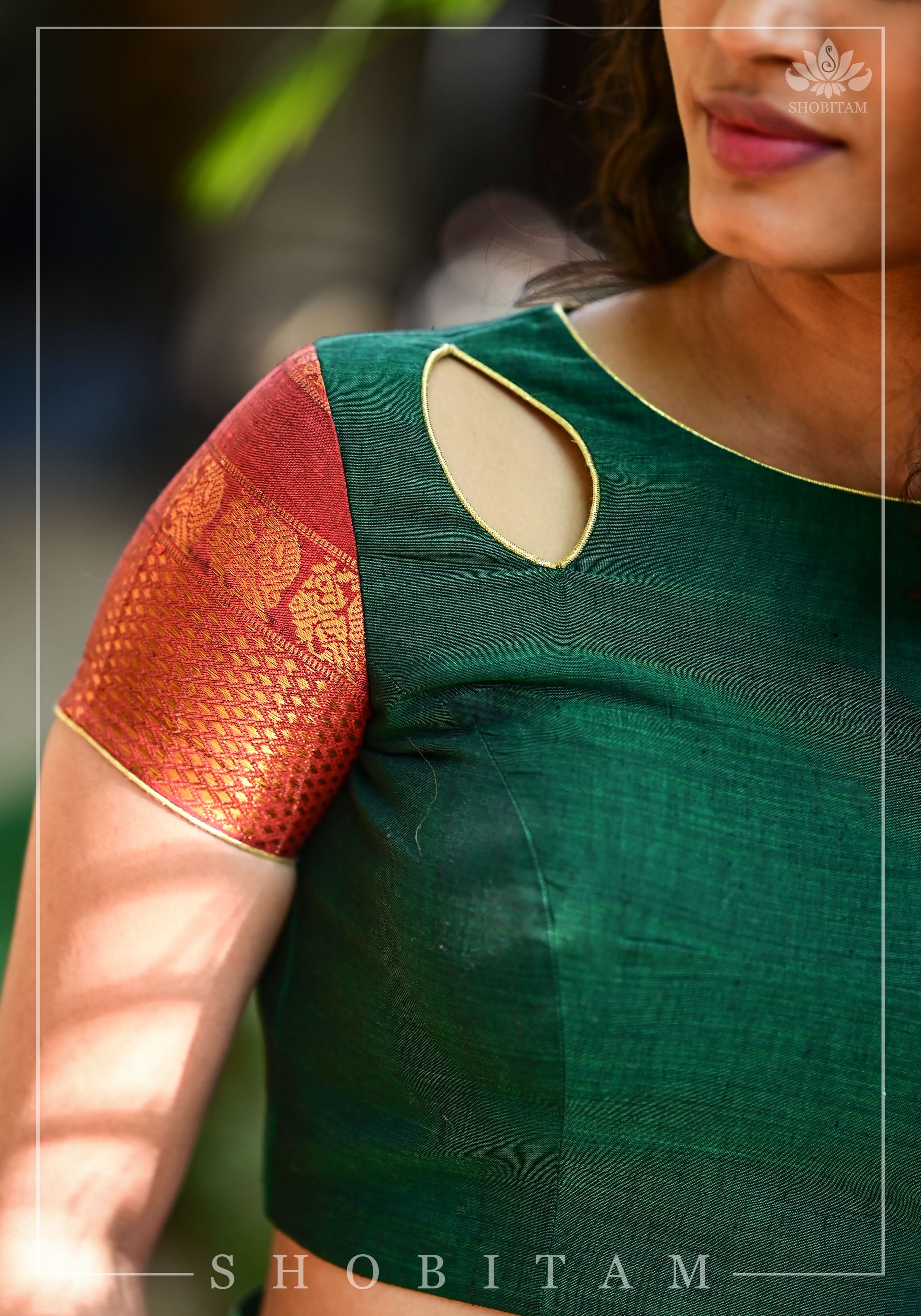 Forest green narayanpet cotton close neck cutout blouse with tie back | Shobitam