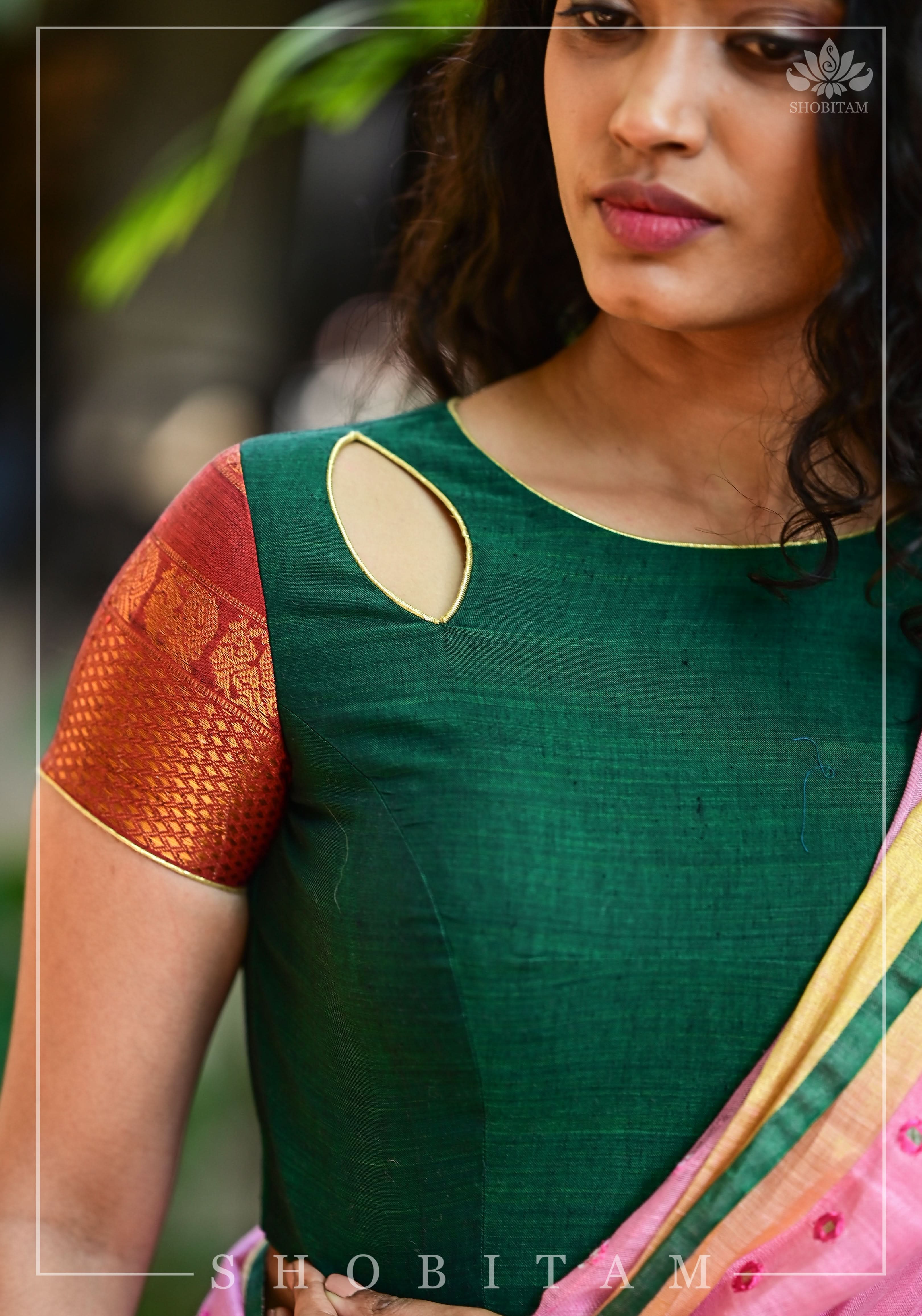 Forest green narayanpet cotton close neck cutout blouse with tie back | Shobitam