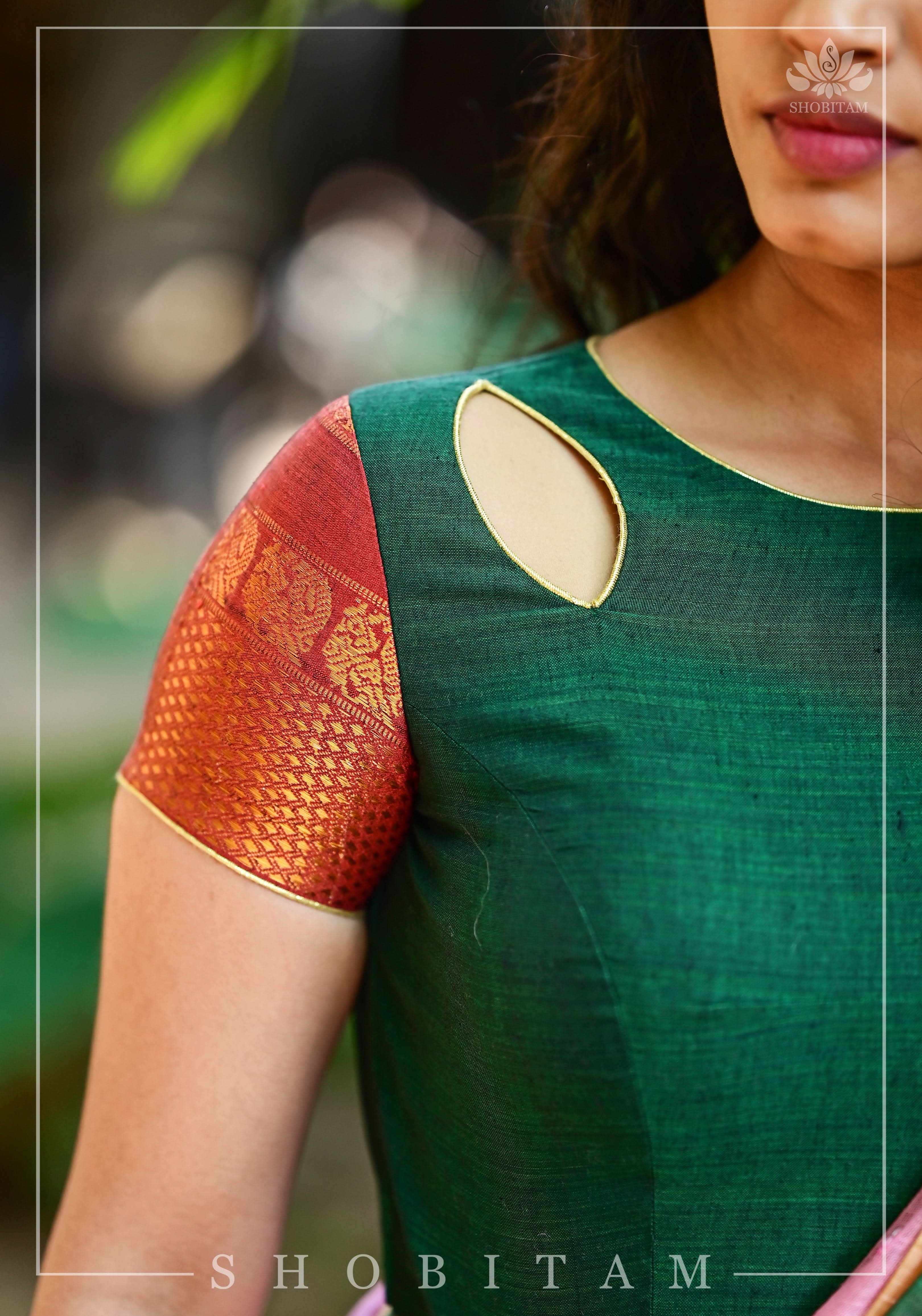 Forest green narayanpet cotton close neck cutout blouse with tie back | Shobitam