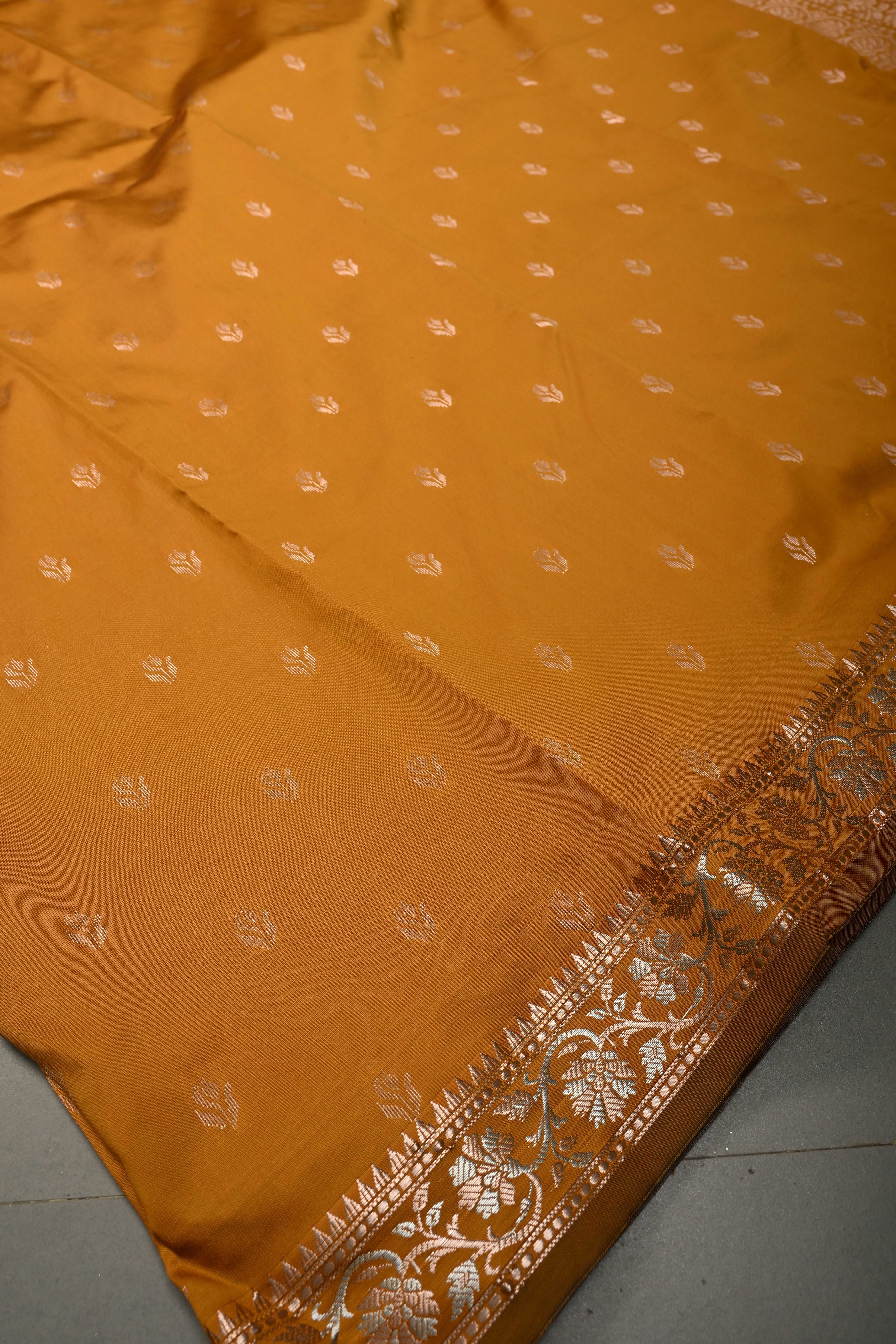 Methi Yellow Semi Silk Saree with Zari Buttas and Alfi Zari Border | Shobitam