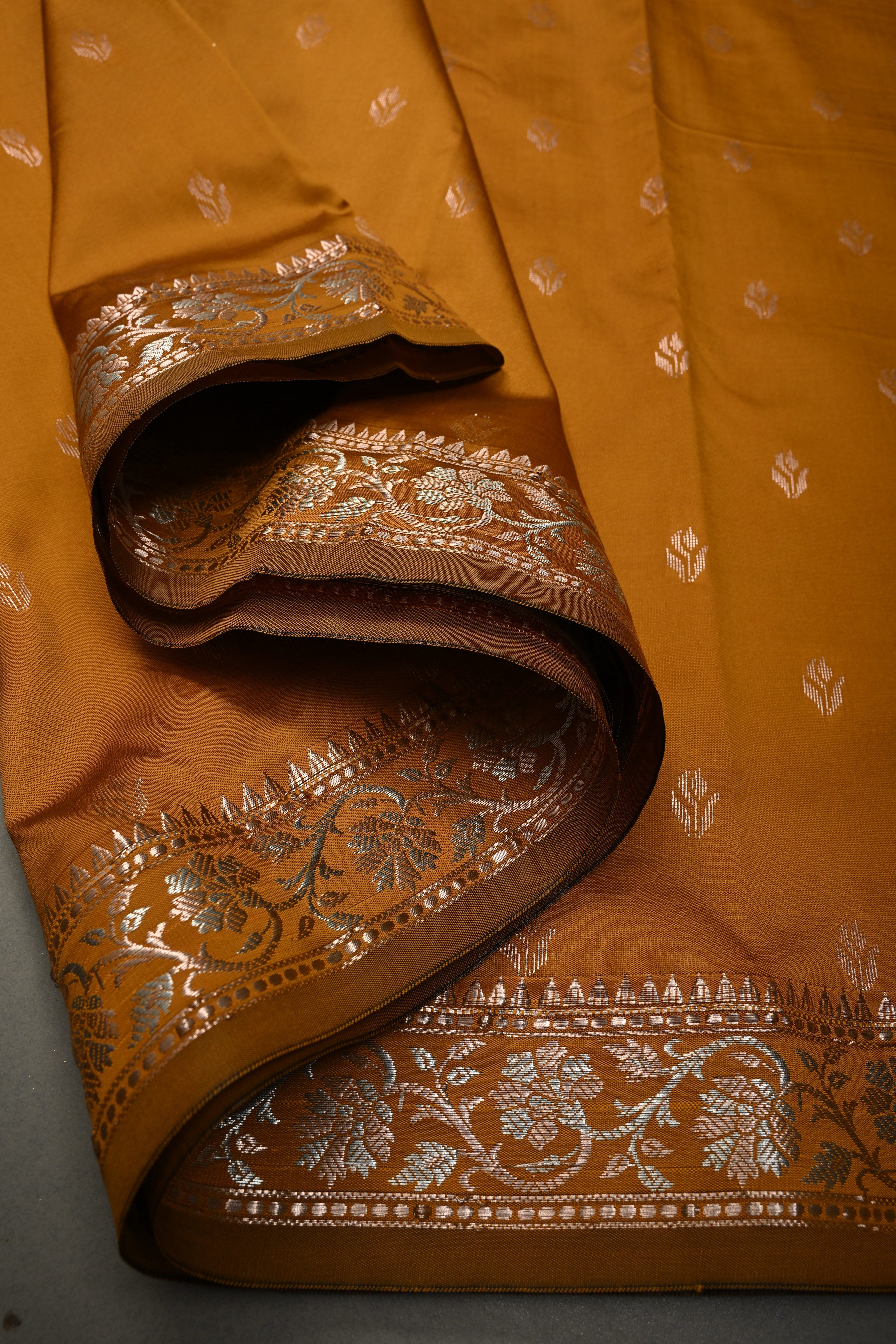 Methi Yellow Semi Silk Saree with Zari Buttas and Alfi Zari Border | Shobitam
