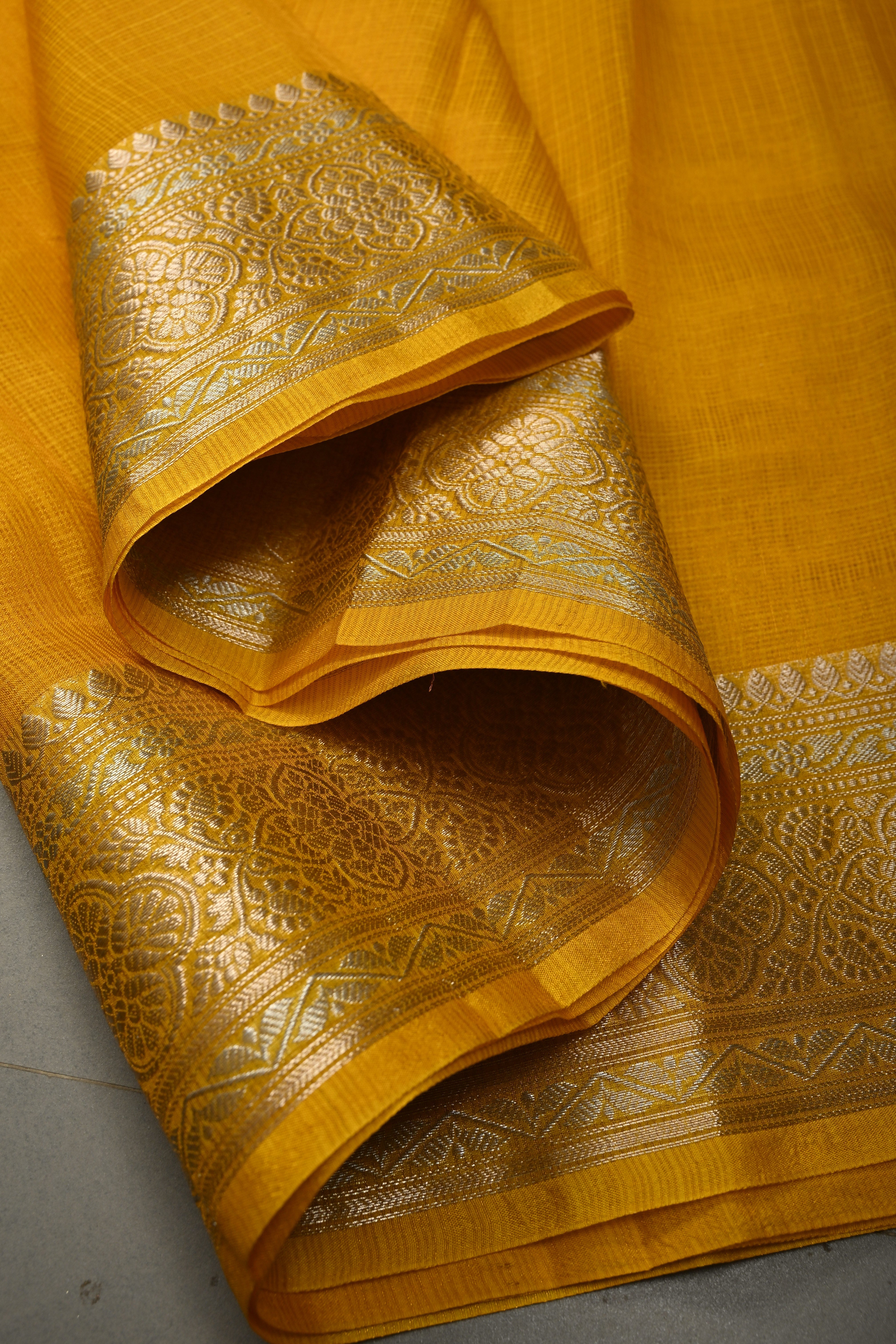 Mustard Yellow Kota Doria Tissue Cotton Saree with Sona Rupa Zari Border | Shobitam