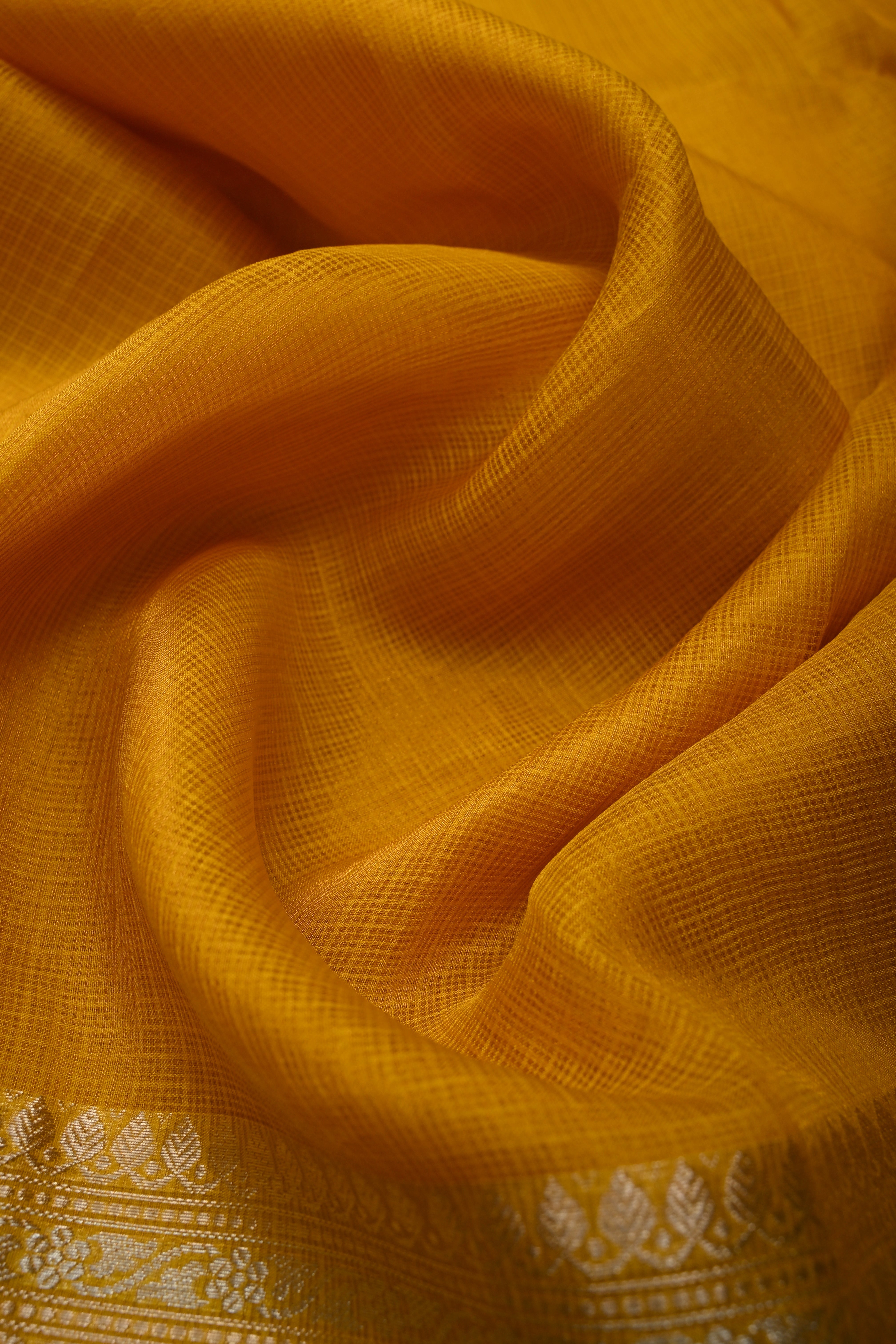 Mustard Yellow Kota Doria Tissue Cotton Saree with Sona Rupa Zari Border | Shobitam