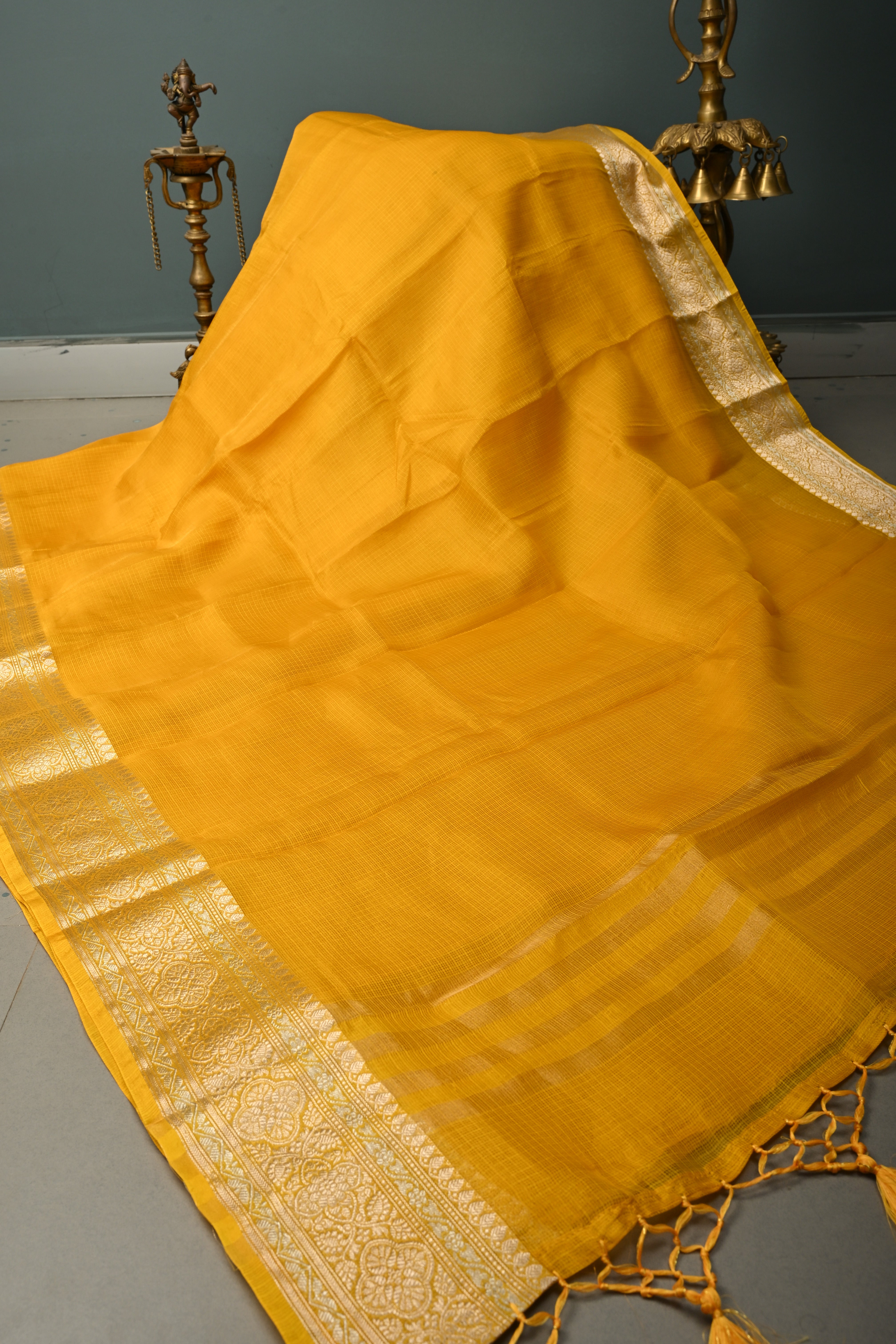 Mustard Yellow Kota Doria Tissue Cotton Saree with Sona Rupa Zari Border | Shobitam
