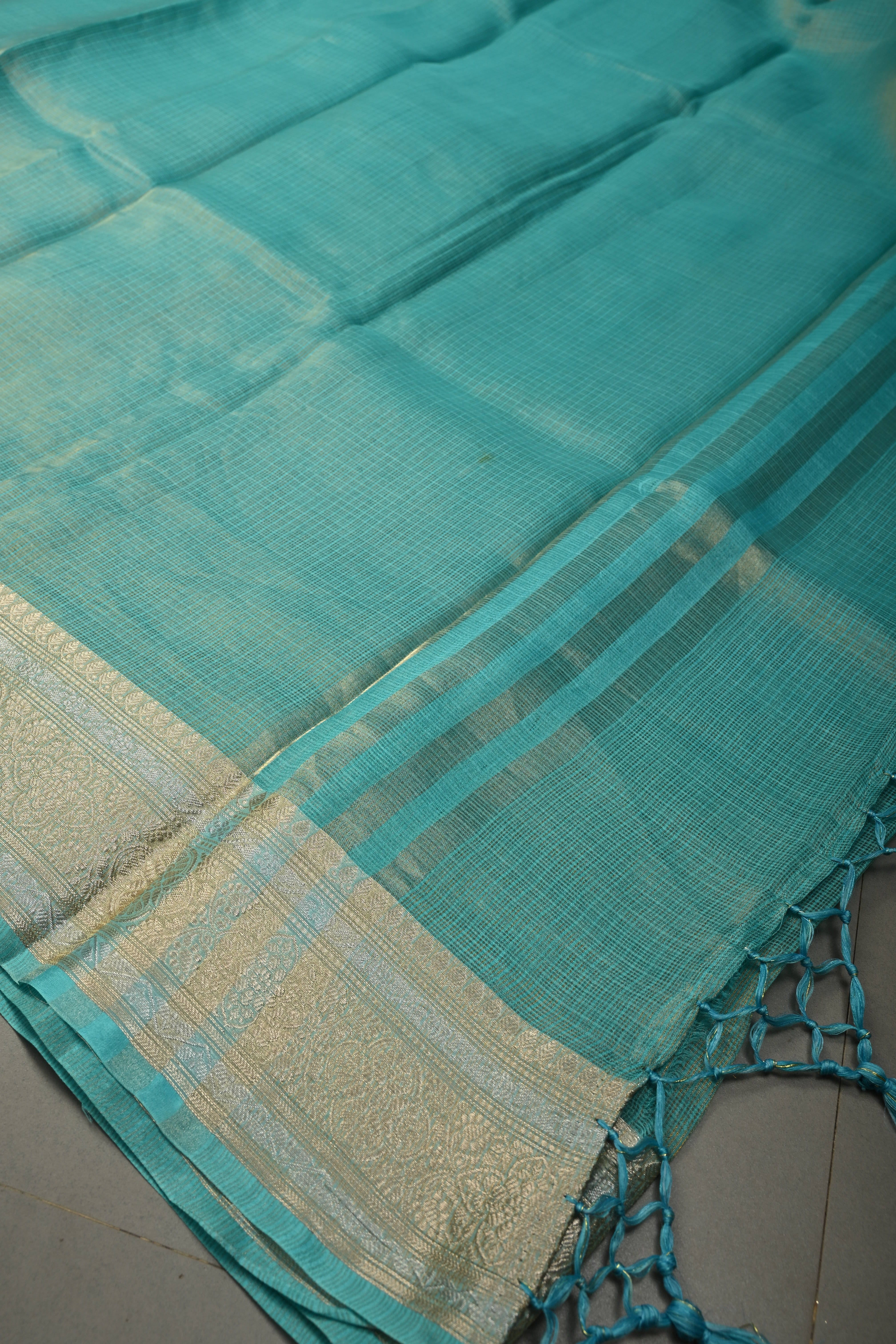 Cyan Kota Doria Tissue Cotton Saree with Sona Rupa Zari Border | Shobitam