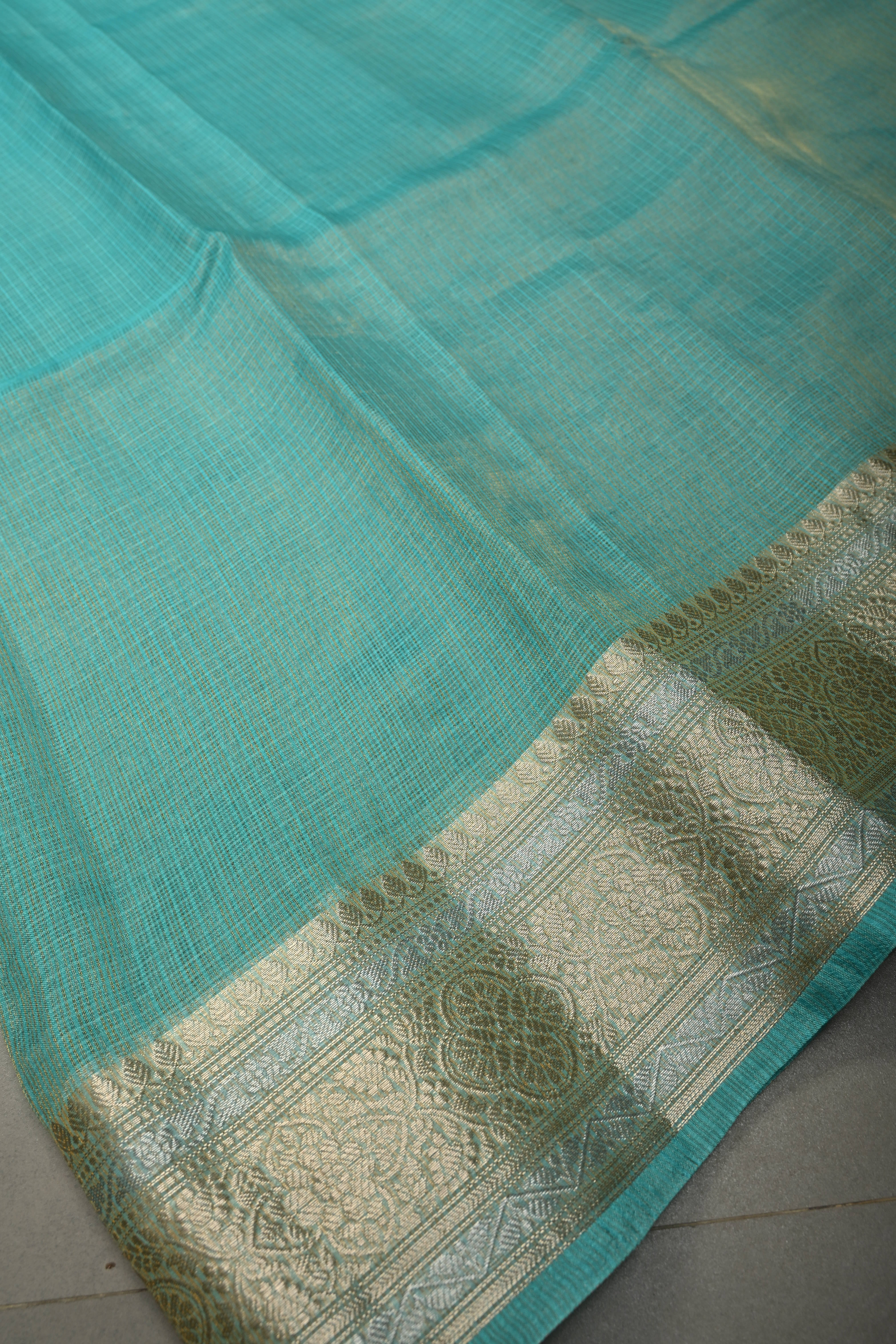 Cyan Kota Doria Tissue Cotton Saree with Sona Rupa Zari Border | Shobitam
